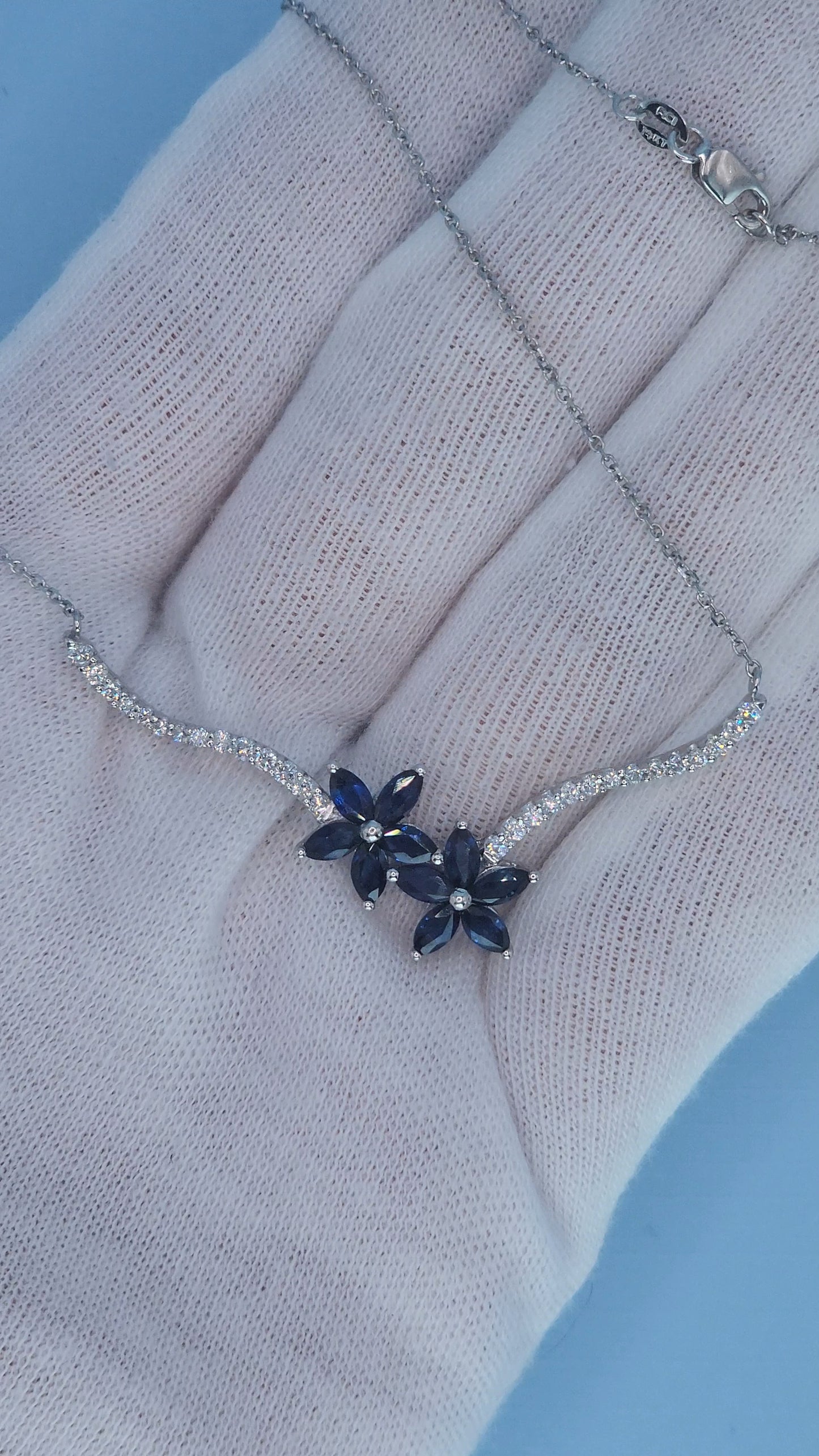 14k White Gold Sapphire and Diamond Flower Necklace – Marquise Sapphire Double Bloom with Diamond Stems, 18" Toi et Moi Style