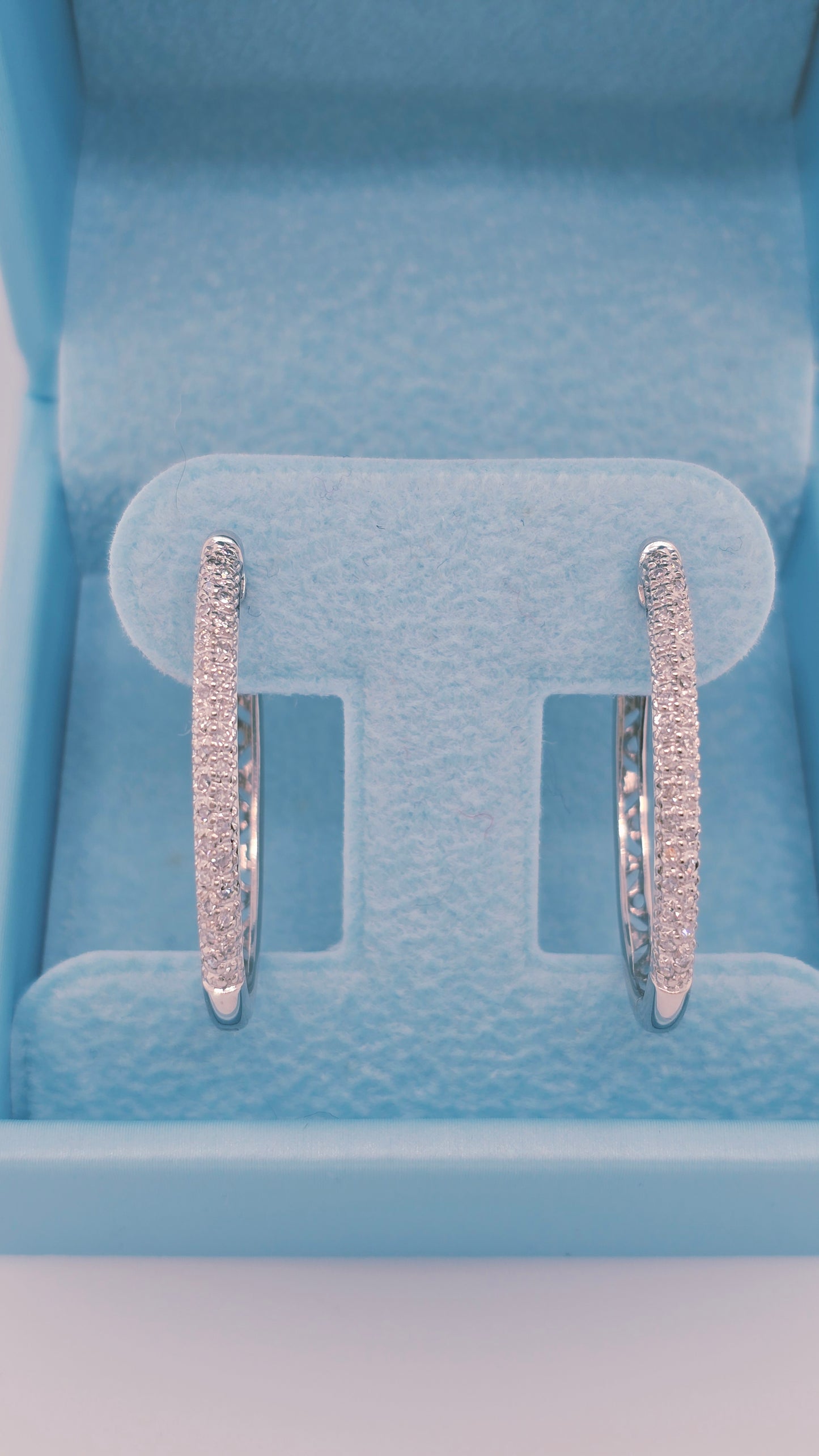 14k White Gold Oval Diamond Hoop Earrings | Double Row Pave Set, 0.40 CTW, Elegant 1.15" Drop