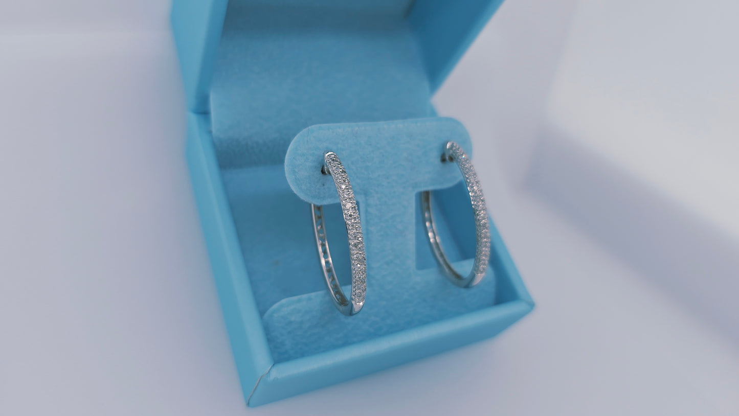 14k White Gold Oval Diamond Hoop Earrings | Double Row Pave Set, 0.40 CTW, Elegant 1.15" Drop