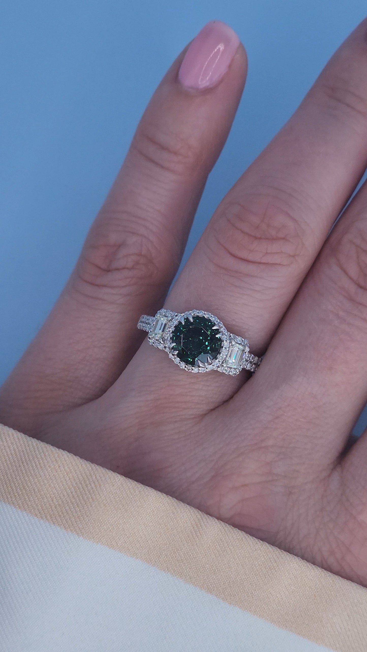 14k White Gold Tourmaline and Diamond Halo Ring – 1.40 Ct Green-Blue Tourmaline with Baguette Accents, Past Present Future Design, Size 6.5
