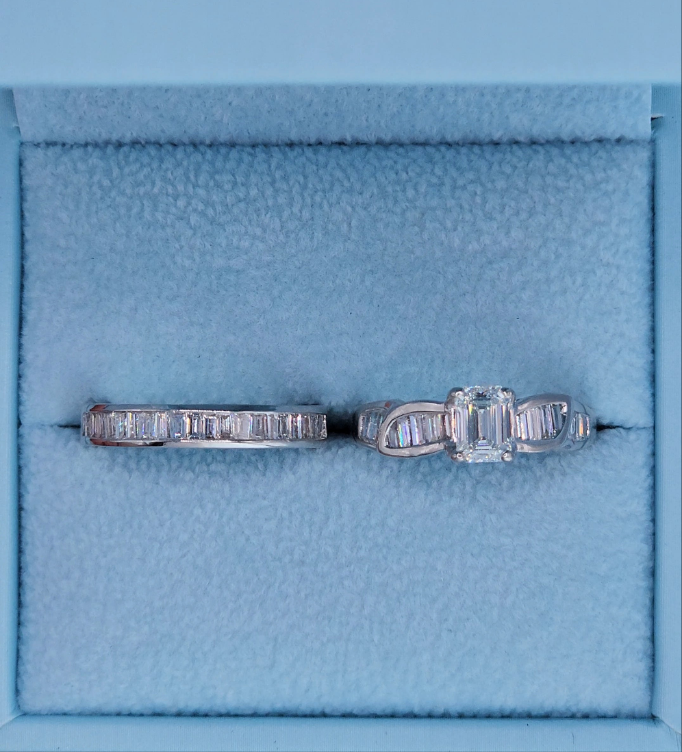 14k White Gold Engagement Ring & Wedding Band Set – 1.66 CTW Emerald Cut & Baguette Diamonds, GIA Certified
