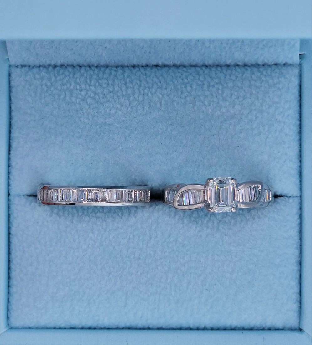 14k White Gold Engagement Ring & Wedding Band Set – 1.66 CTW Emerald Cut & Baguette Diamonds, GIA Certified