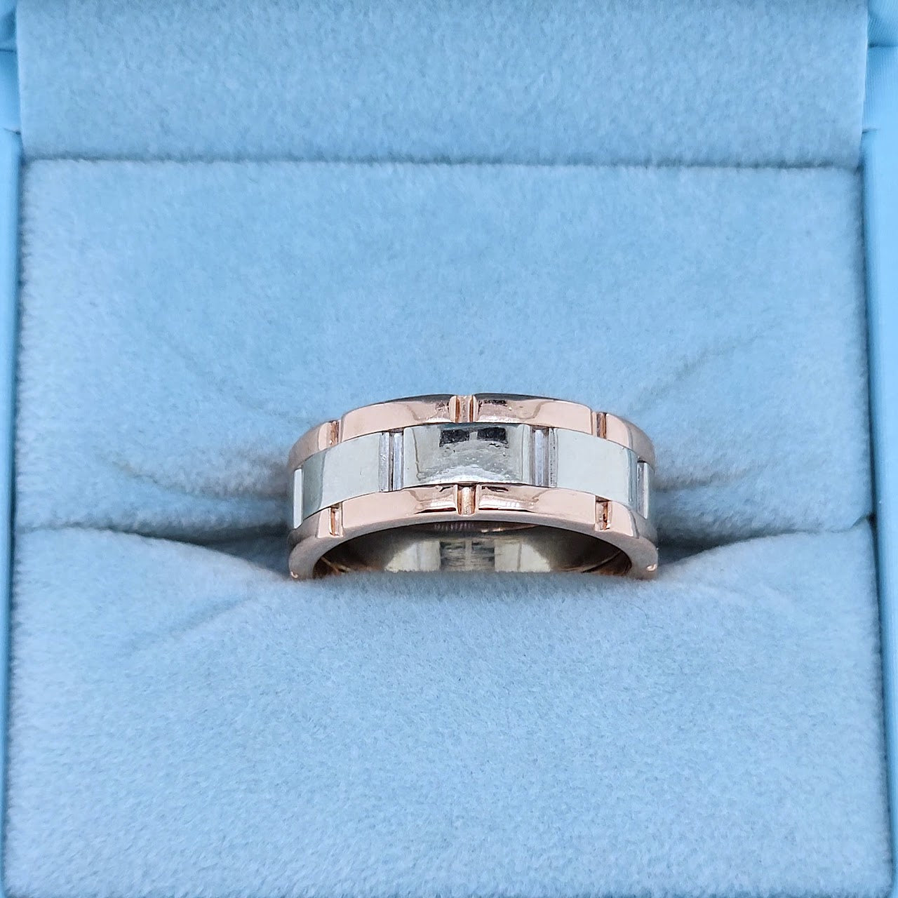 14k white and rose gold men's wedding band, oyster-style two-tone ring, 7.6mm wide, size 8.5, 10.8 grams