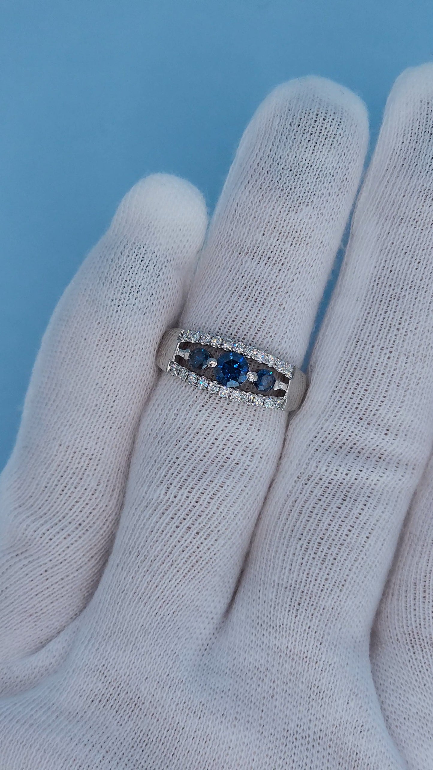 Timeless Past, Present, Future Design 0.70 ct Blue and White Diamond Ring Top View