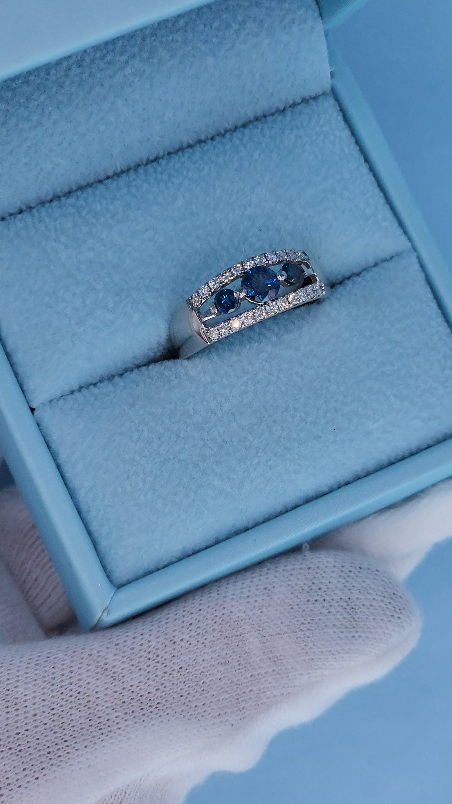 Timeless Past, Present, Future Design 0.70 ct Blue and White Diamond Ring Angle View