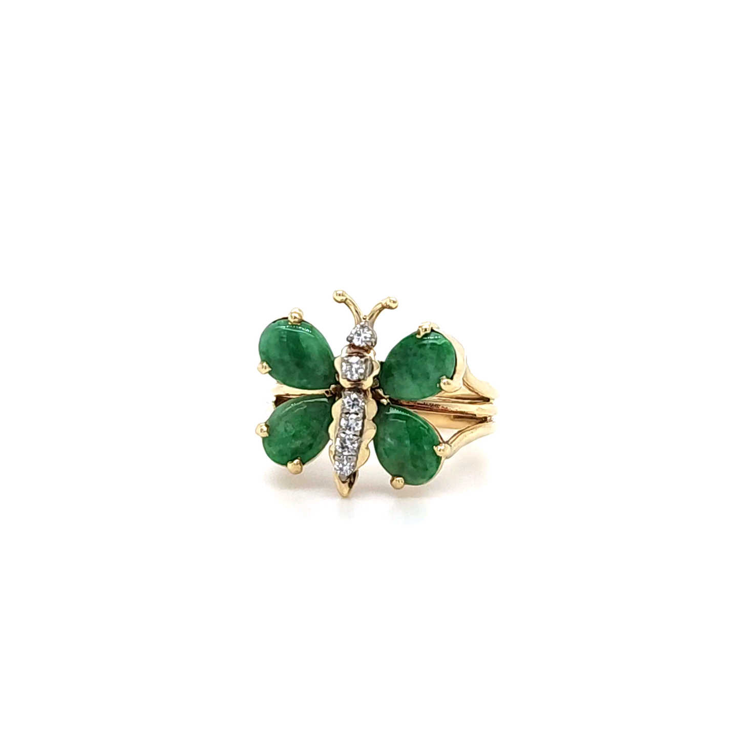 Vintage Jade and Diamond Butterfly Ring in 14k Yellow Gold