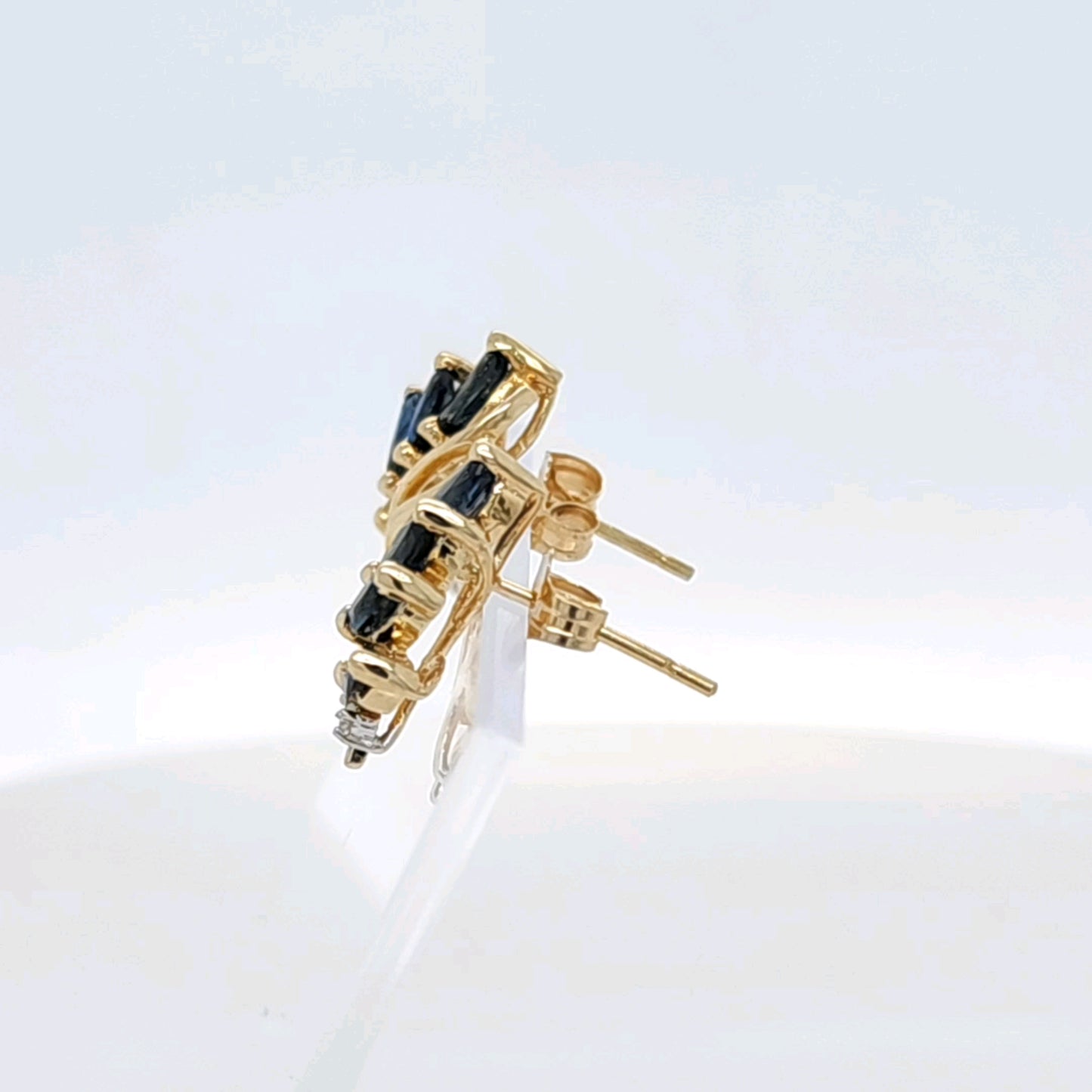 14k Yellow Gold Leaf Motif Earrings with Marquise-Cut Blue Sapphires & Diamonds – Elegant Nature-Inspired Design