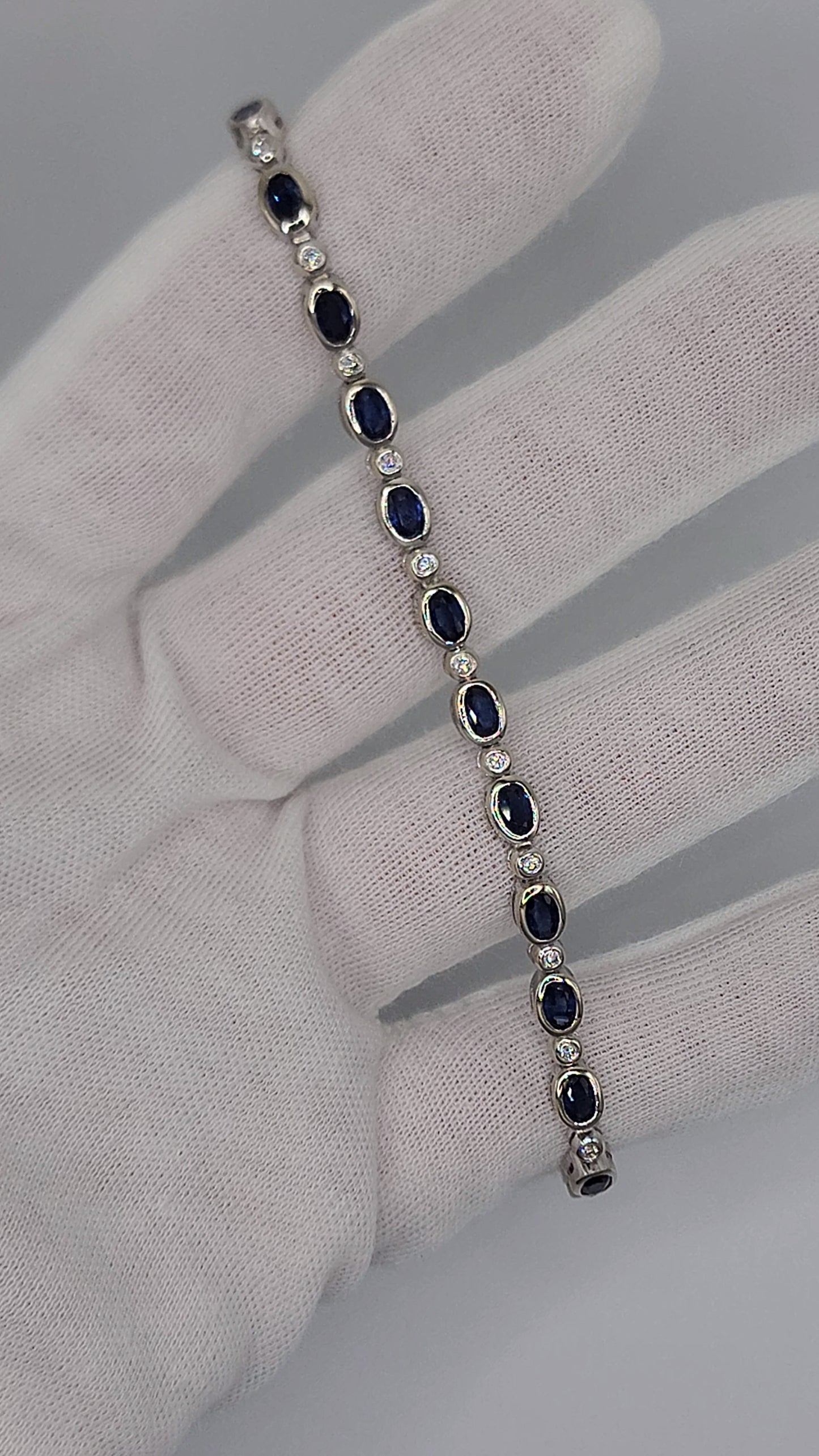 Bezel Set Sapphire and Diamond Tennis Bracelet in 14k White Gold