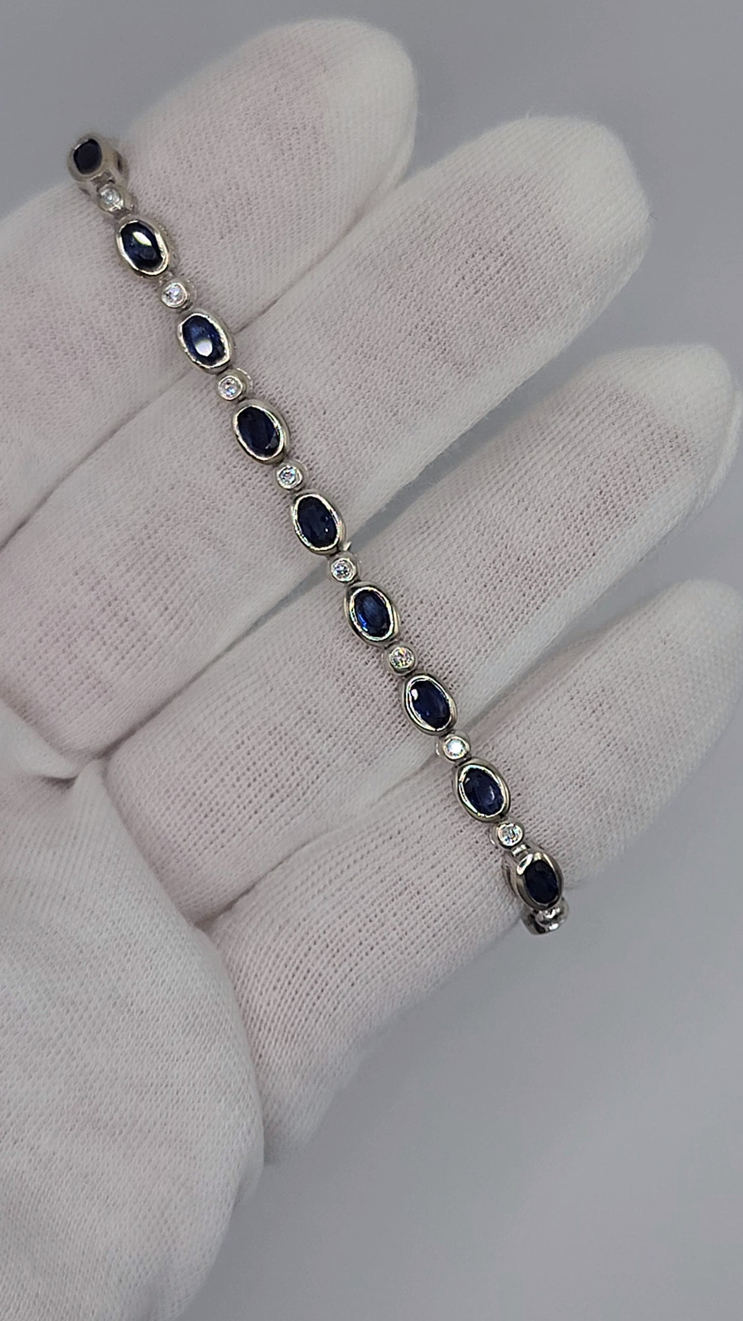 Bezel Set Sapphire and Diamond Tennis Bracelet in 14k White Gold