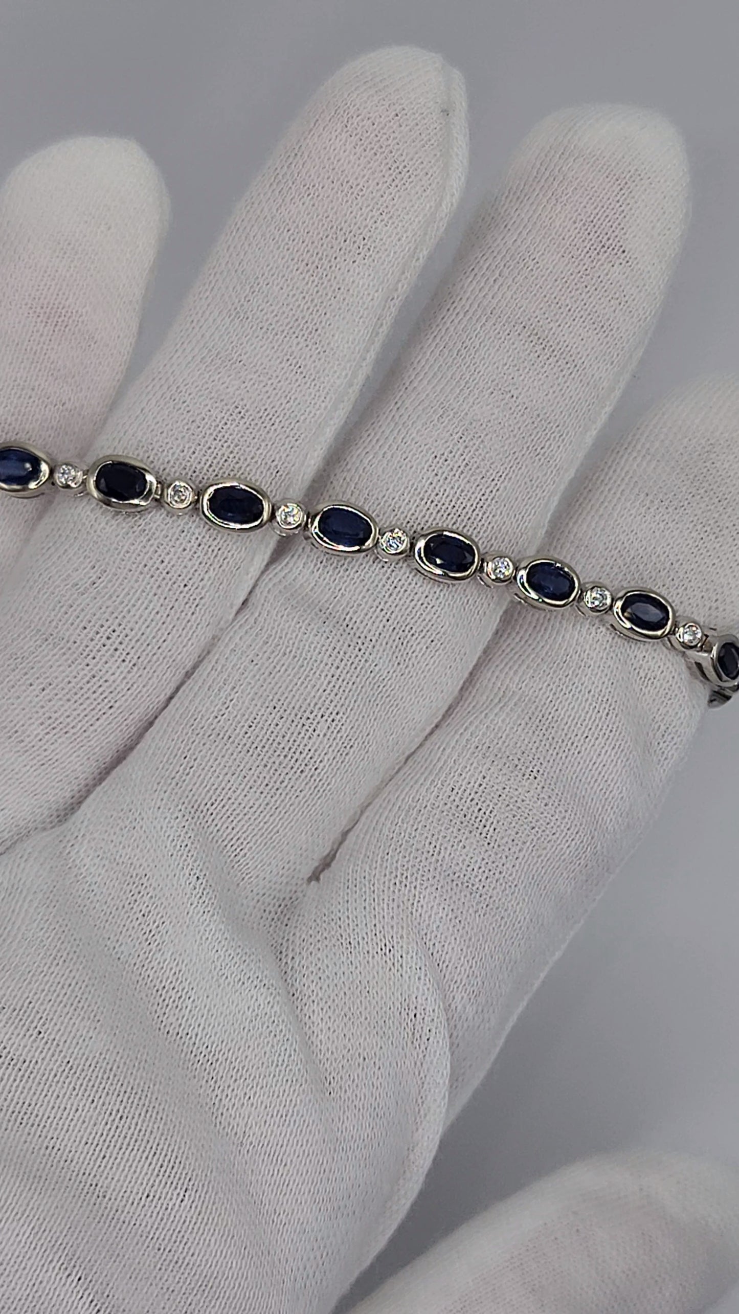Bezel Set Sapphire and Diamond Tennis Bracelet in 14k White Gold