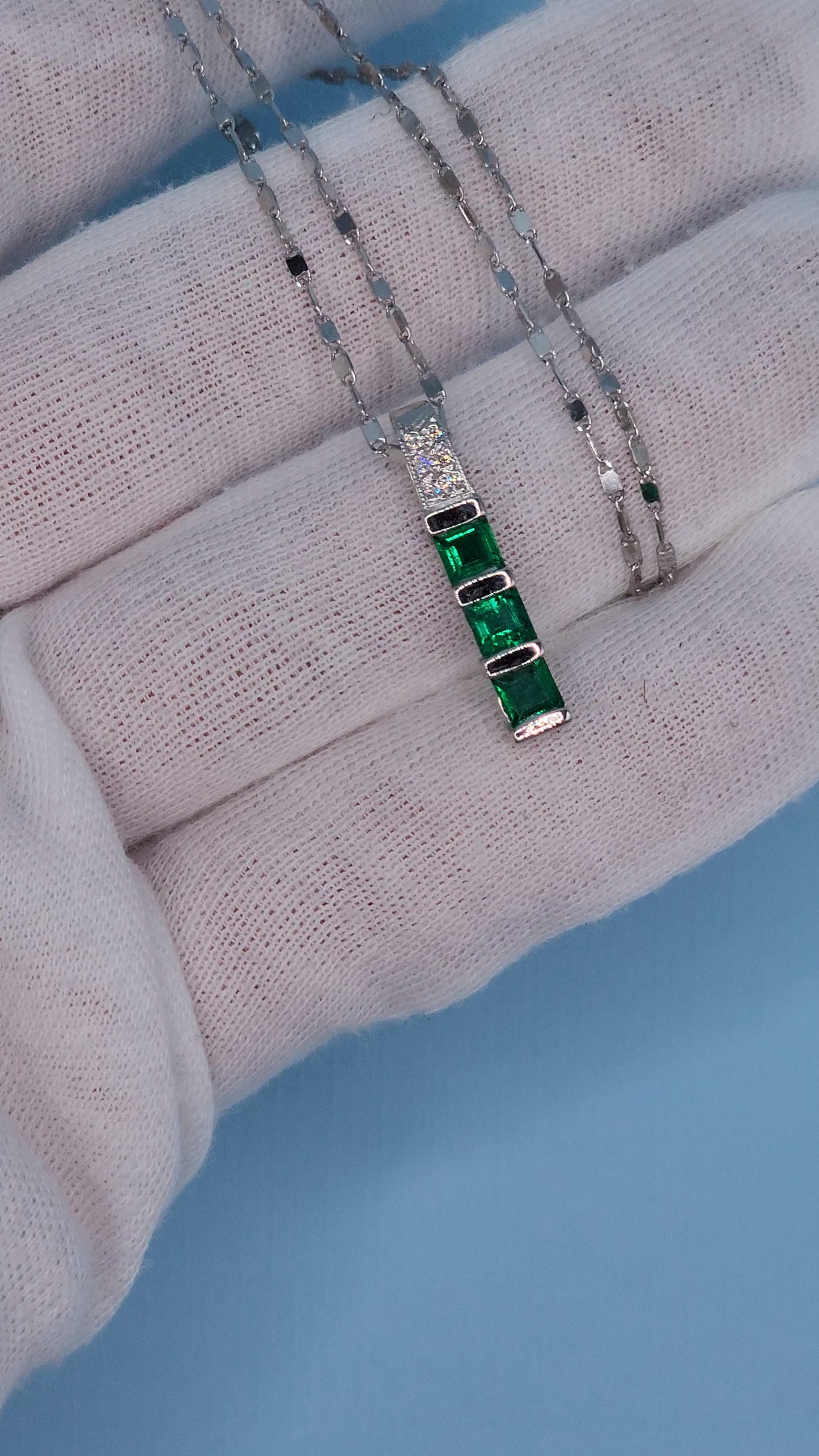 Past, Present and Future Emerald and Diamond Necklace 18" in 14k White Gold