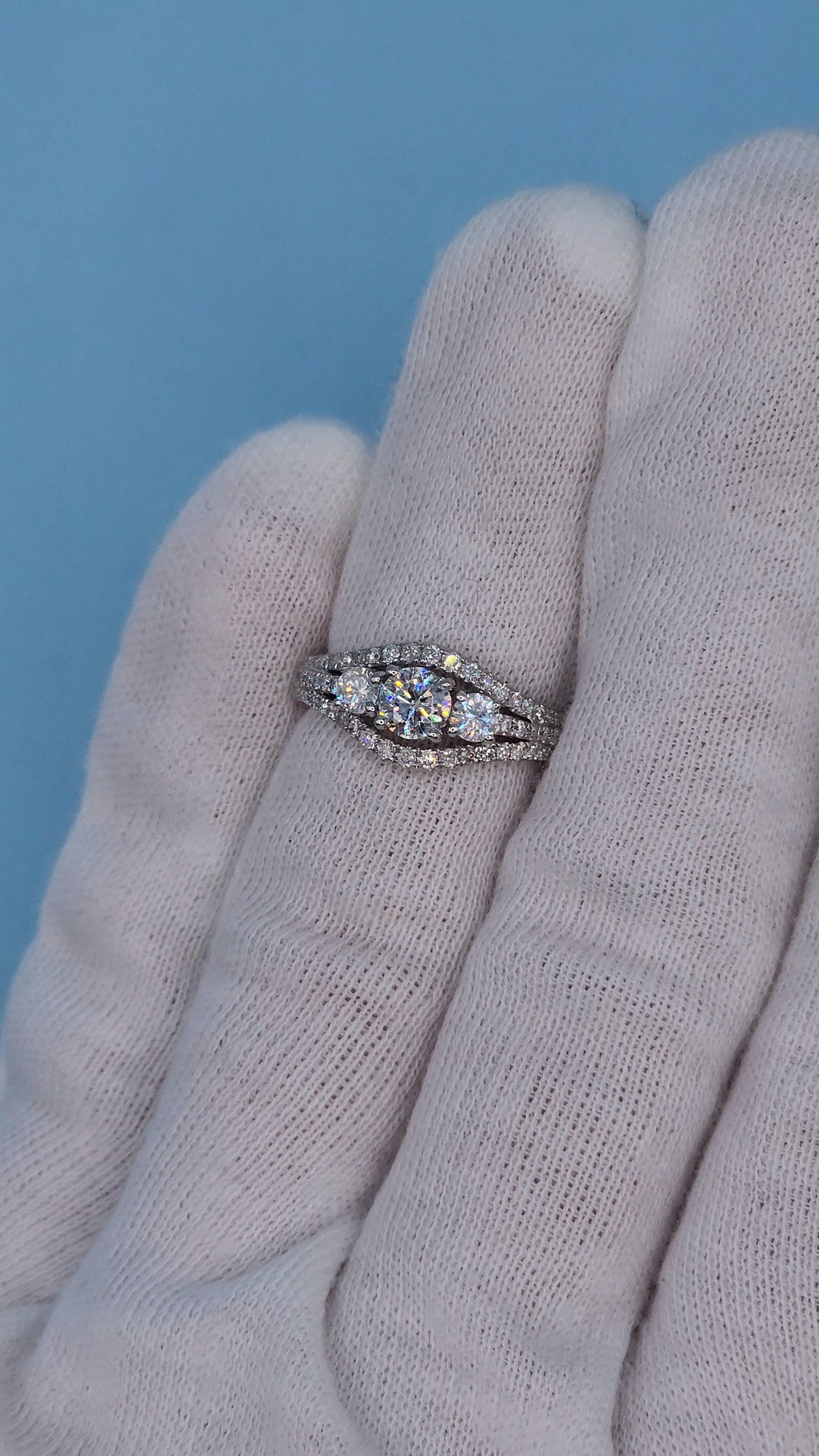 Three Stone Past, Present and Future Design Diamond Split Shank Ring in 14k White Gold