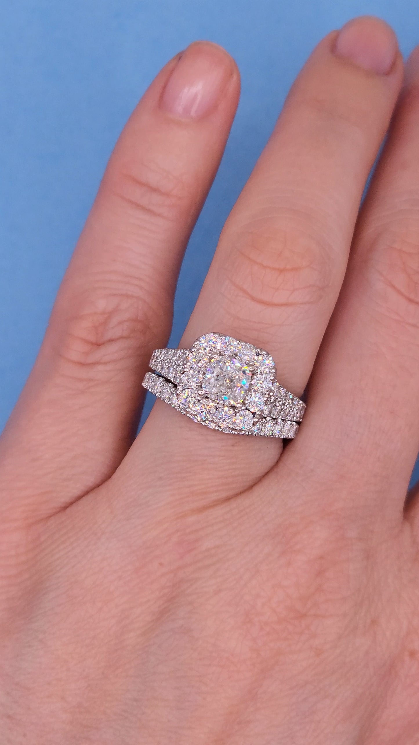 Neil Lane 1.02 ct Cushion Cut Diamond Halo Engagement Ring and Matching Wedding Band Set in 14k White Gold