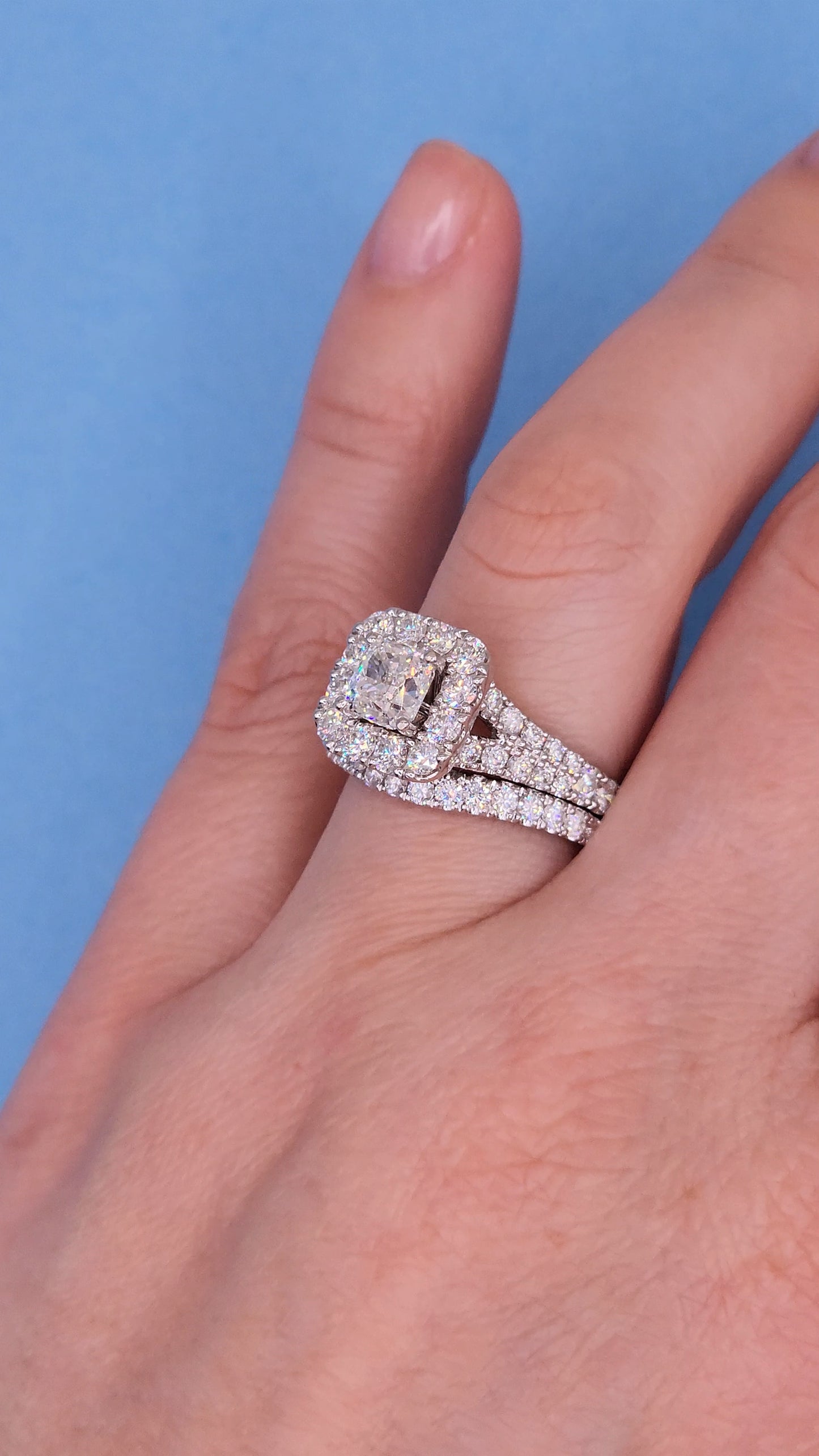 Neil Lane 1.02 ct Cushion Cut Diamond Halo Engagement Ring and Matching Wedding Band Set in 14k White Gold