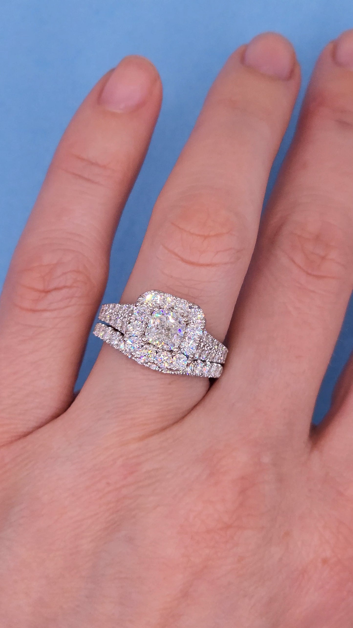Neil Lane 1.02 ct Cushion Cut Diamond Halo Engagement Ring and Matching Wedding Band Set in 14k White Gold