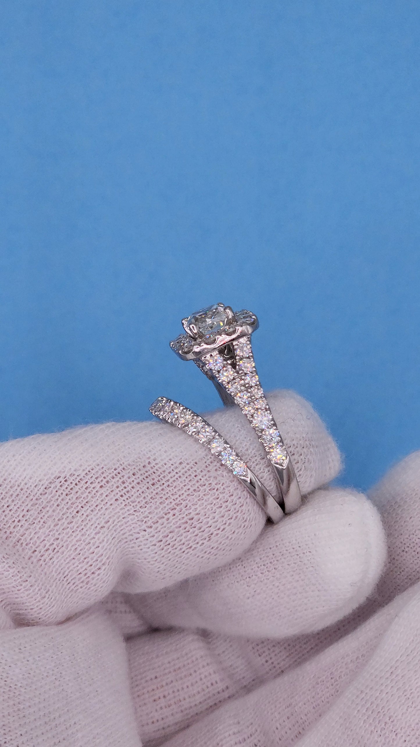 Neil Lane 1.02 ct Cushion Cut Diamond Halo Engagement Ring and Matching Wedding Band Set in 14k White Gold