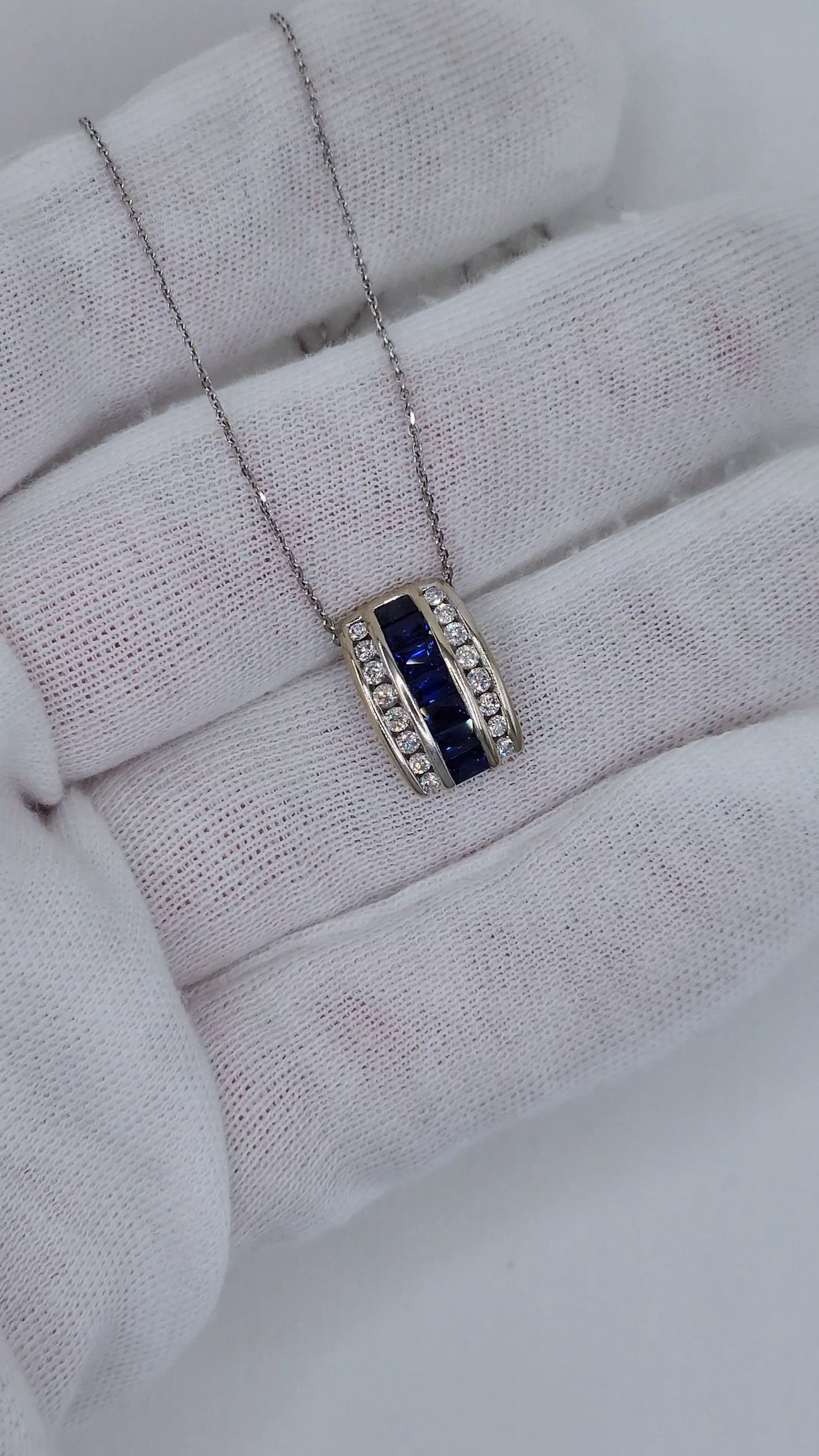 Baguette Cut Sapphire and Double Row Diamond Pendant in 18k White Gold