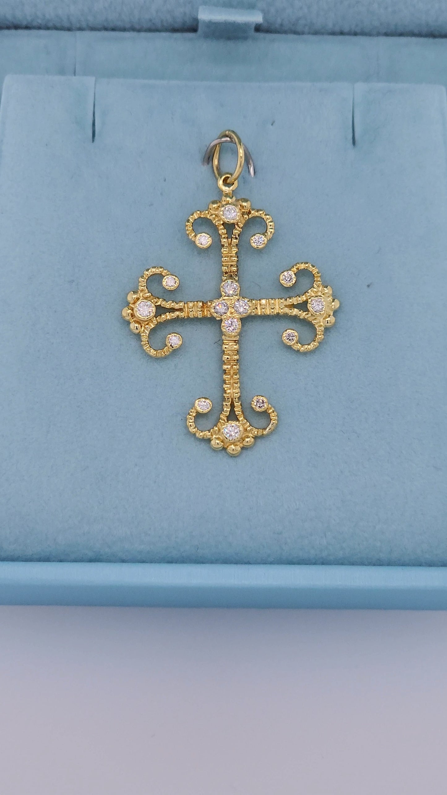 Fleur de Lis Design Cross Pendant with 1/6 ct Bezel Set Diamonds in 18k Yellow Gold