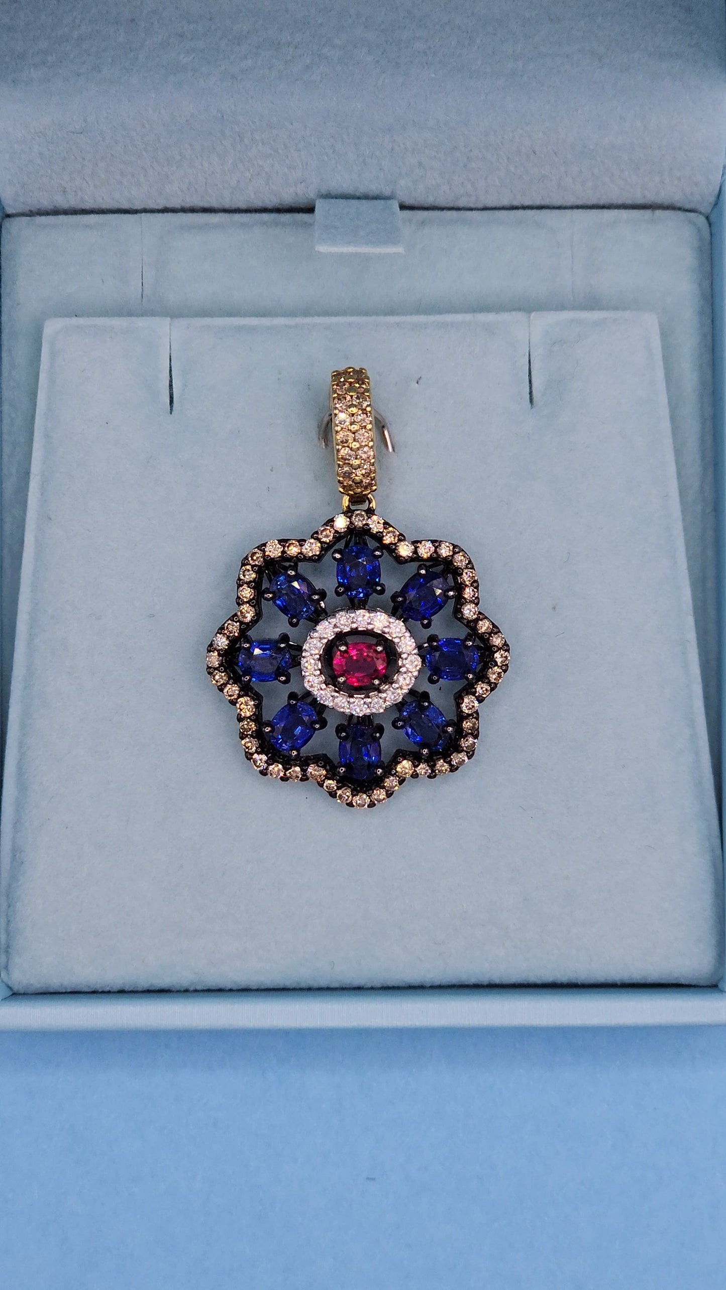 Unique Floral Motif Pendant with High Quality Sapphire, Ruby, White and Champagne Diamonds in 18k Gold and Black Rhodium