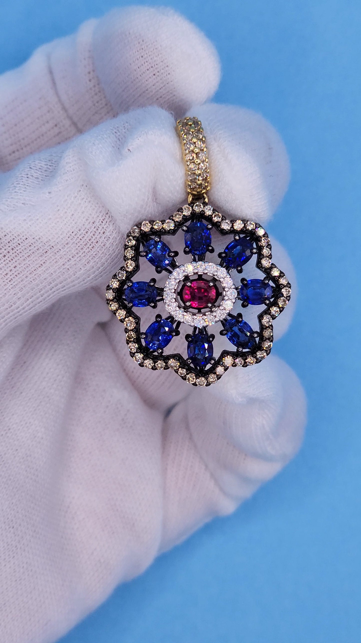 Unique Floral Motif Pendant with High Quality Sapphire, Ruby, White and Champagne Diamonds in 18k Gold and Black Rhodium