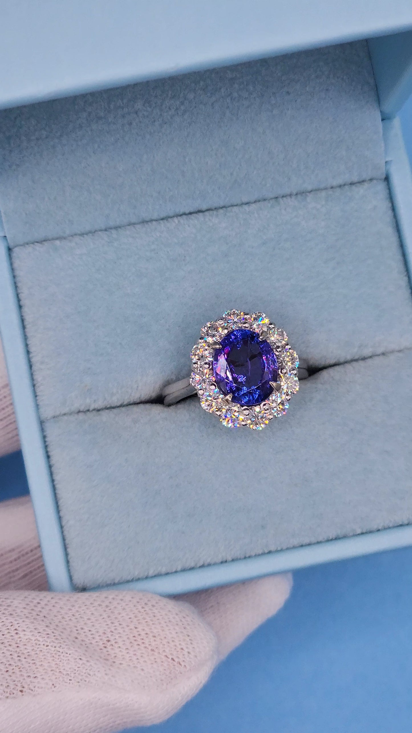 AAA Natural Oval Tanzanite and Diamond Halo Ladies Ring in 18k White Gold