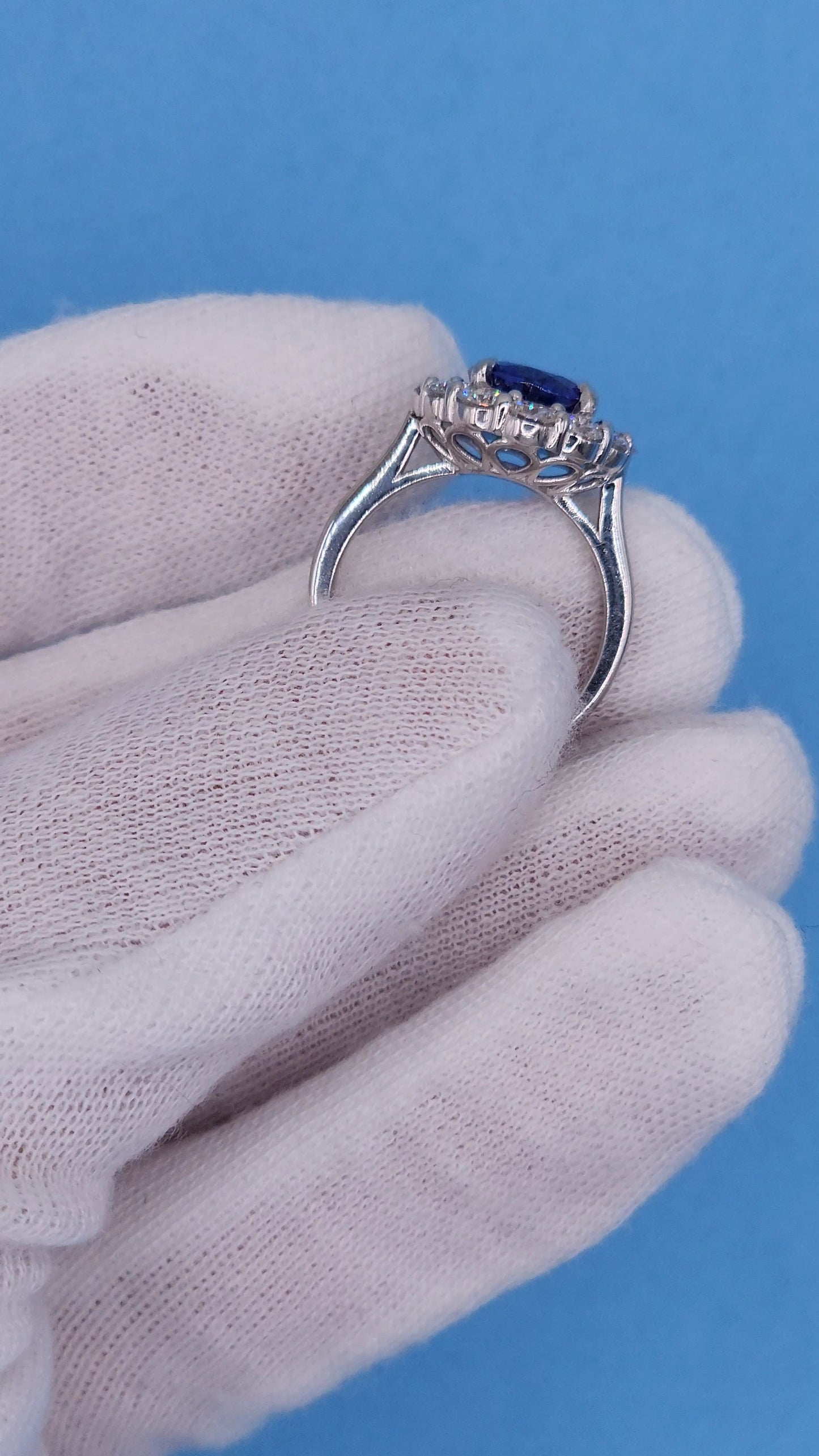 AAA Natural Oval Tanzanite and Diamond Halo Ladies Ring in 18k White Gold