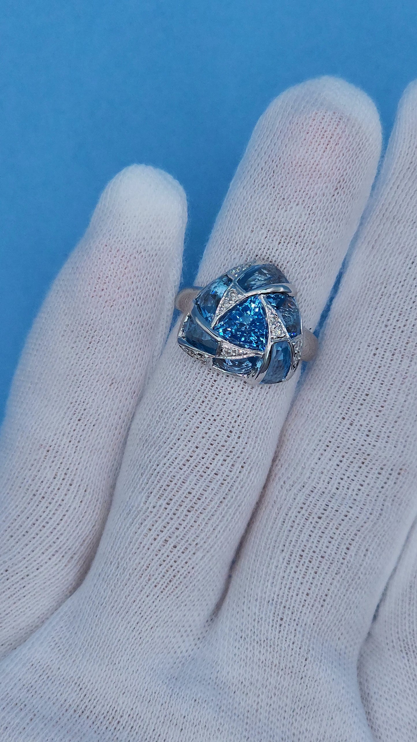 Trillion Design Swiss Blue Topaz and Diamond Ring in 14k White Gold