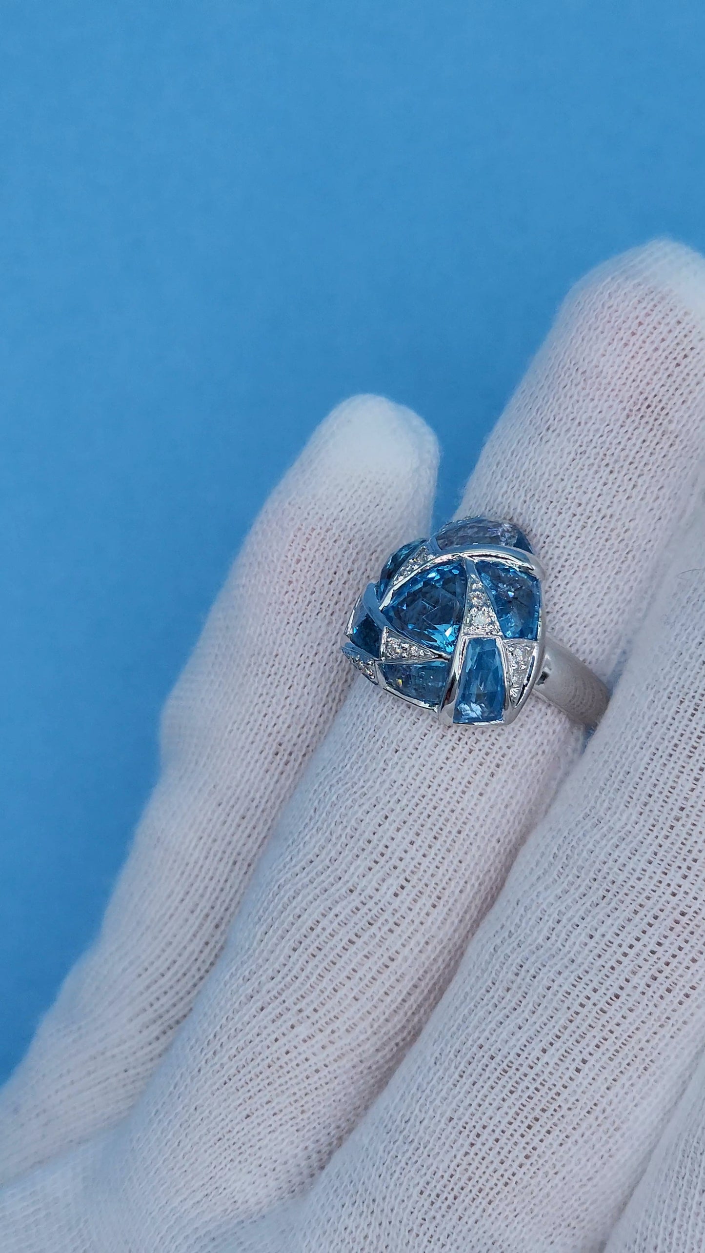 Trillion Design Swiss Blue Topaz and Diamond Ring in 14k White Gold
