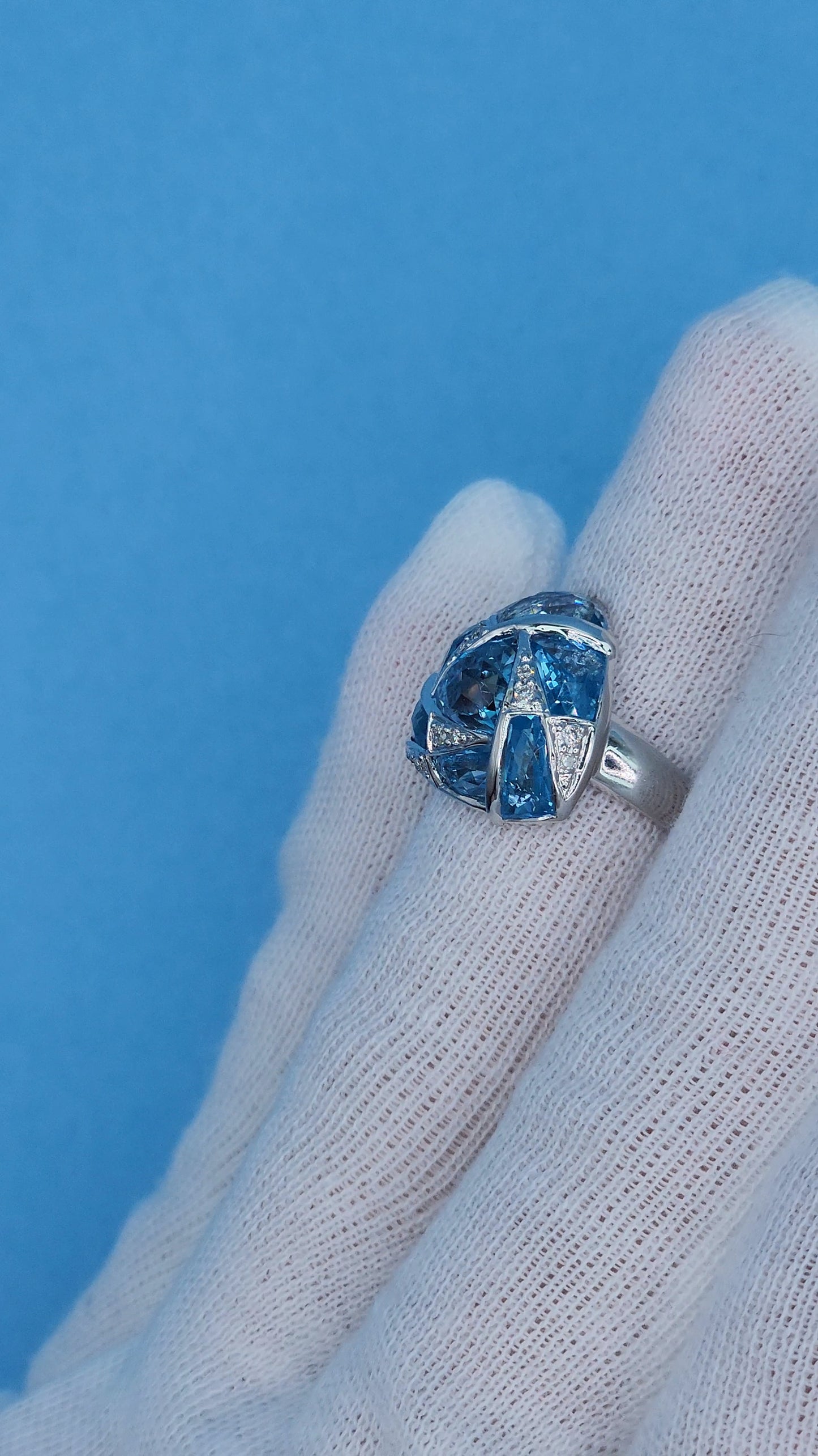Trillion Design Swiss Blue Topaz and Diamond Ring in 14k White Gold