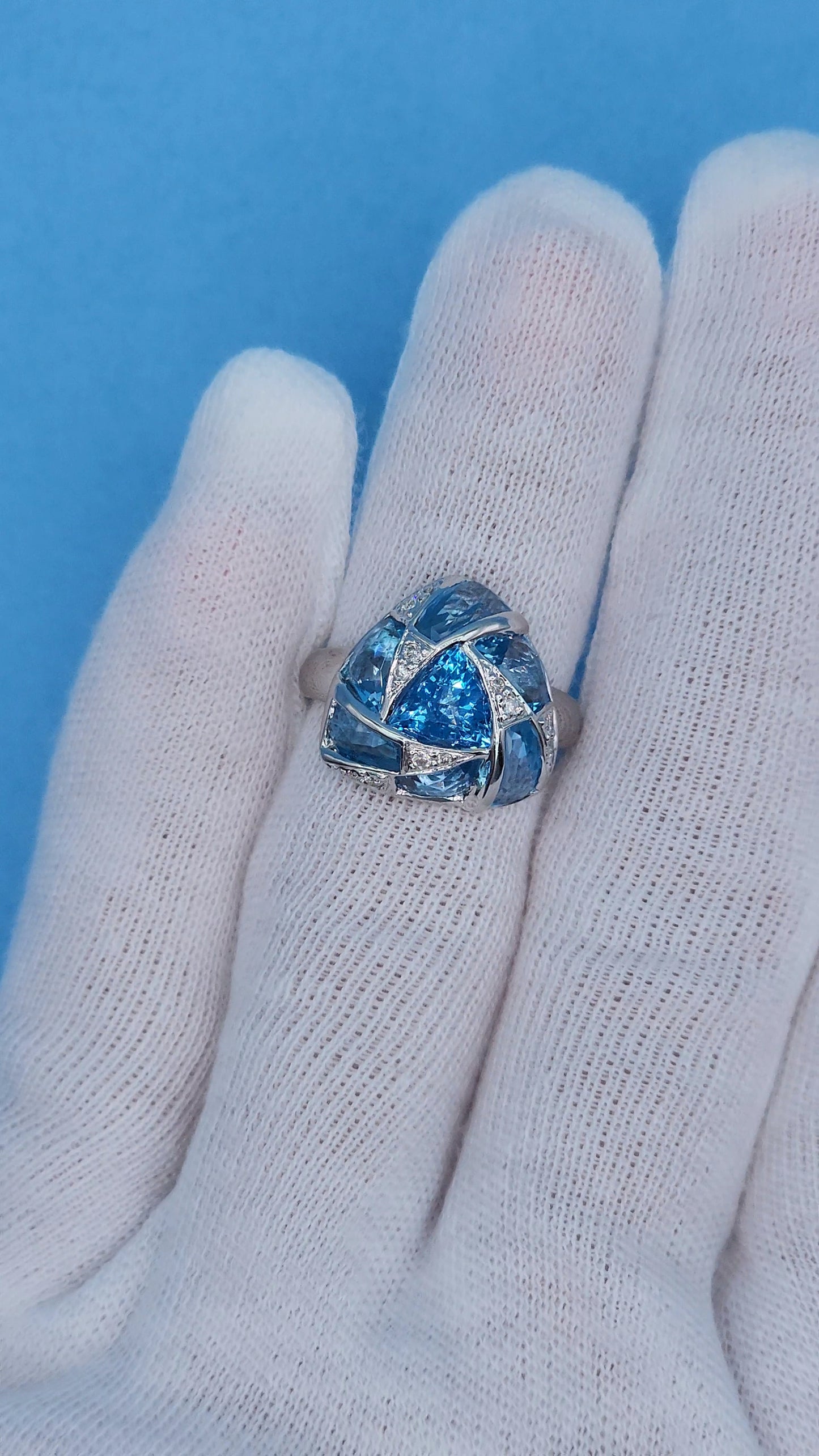 Trillion Design Swiss Blue Topaz and Diamond Ring in 14k White Gold