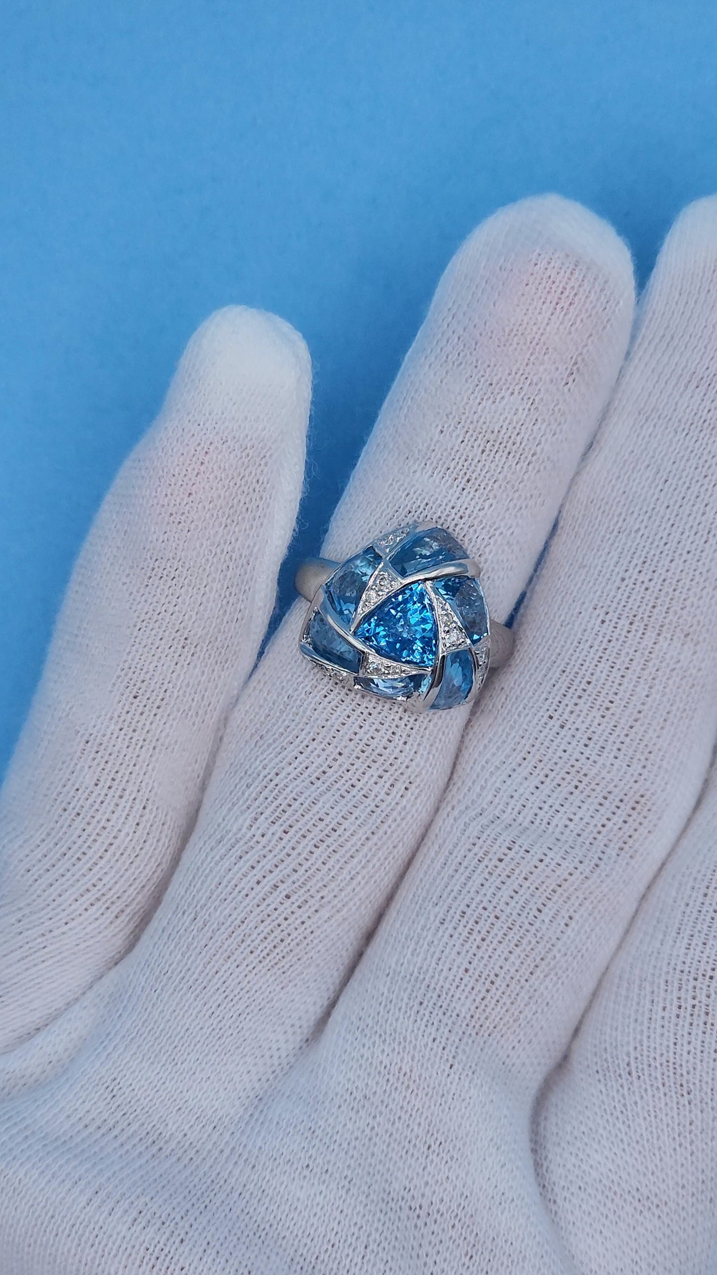Trillion Design Swiss Blue Topaz and Diamond Ring in 14k White Gold