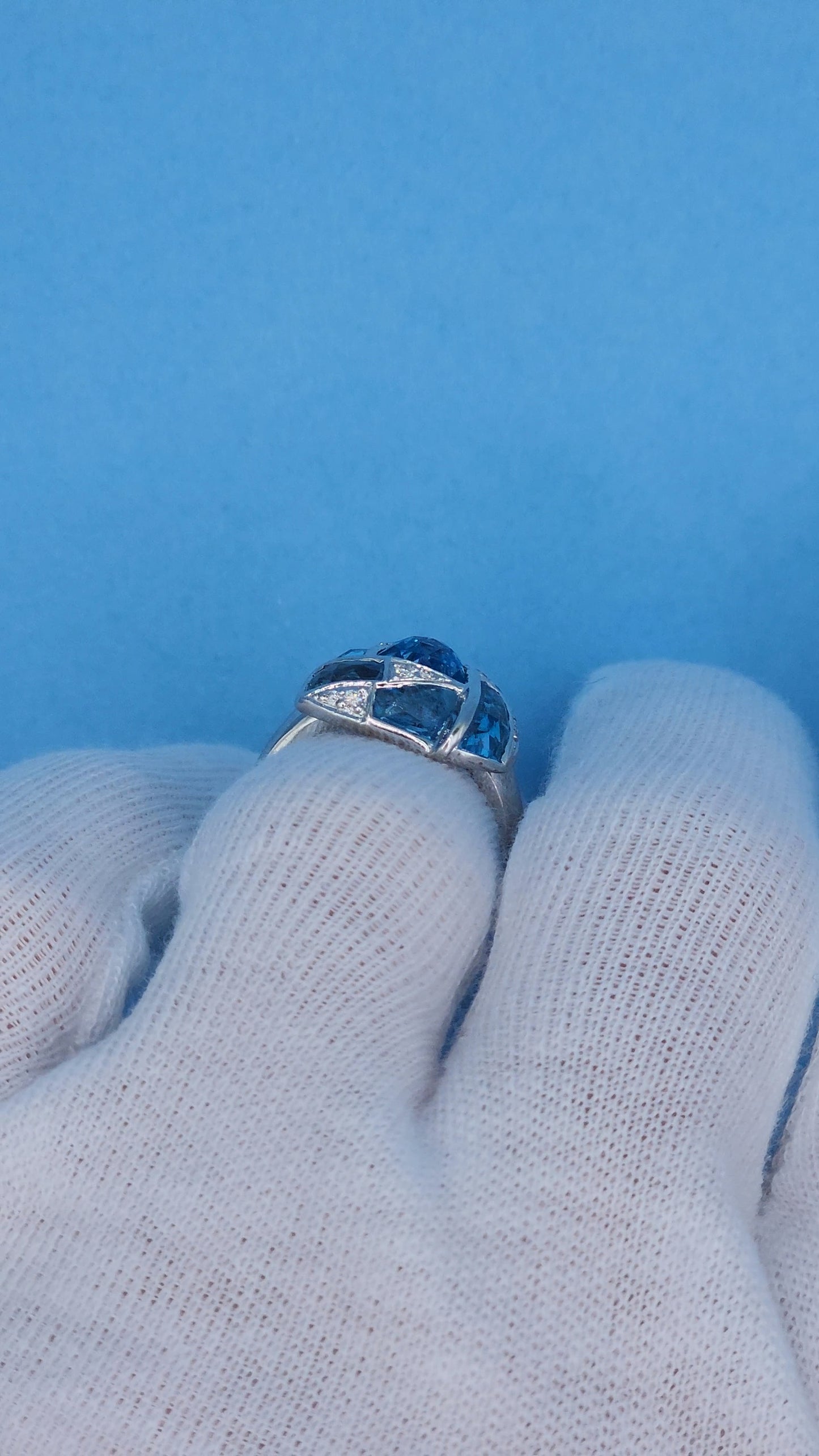 Trillion Design Swiss Blue Topaz and Diamond Ring in 14k White Gold