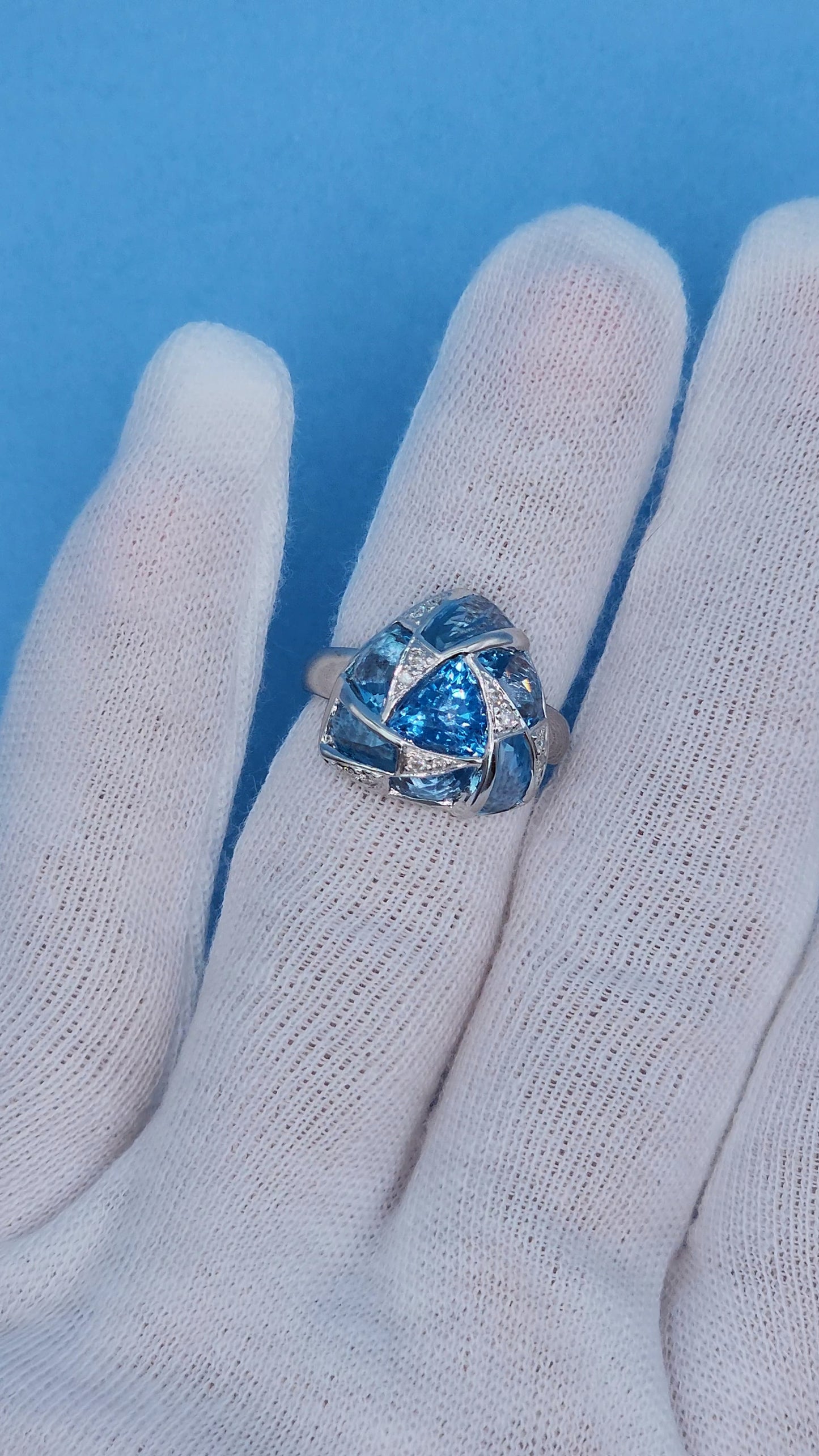 Trillion Design Swiss Blue Topaz and Diamond Ring in 14k White Gold