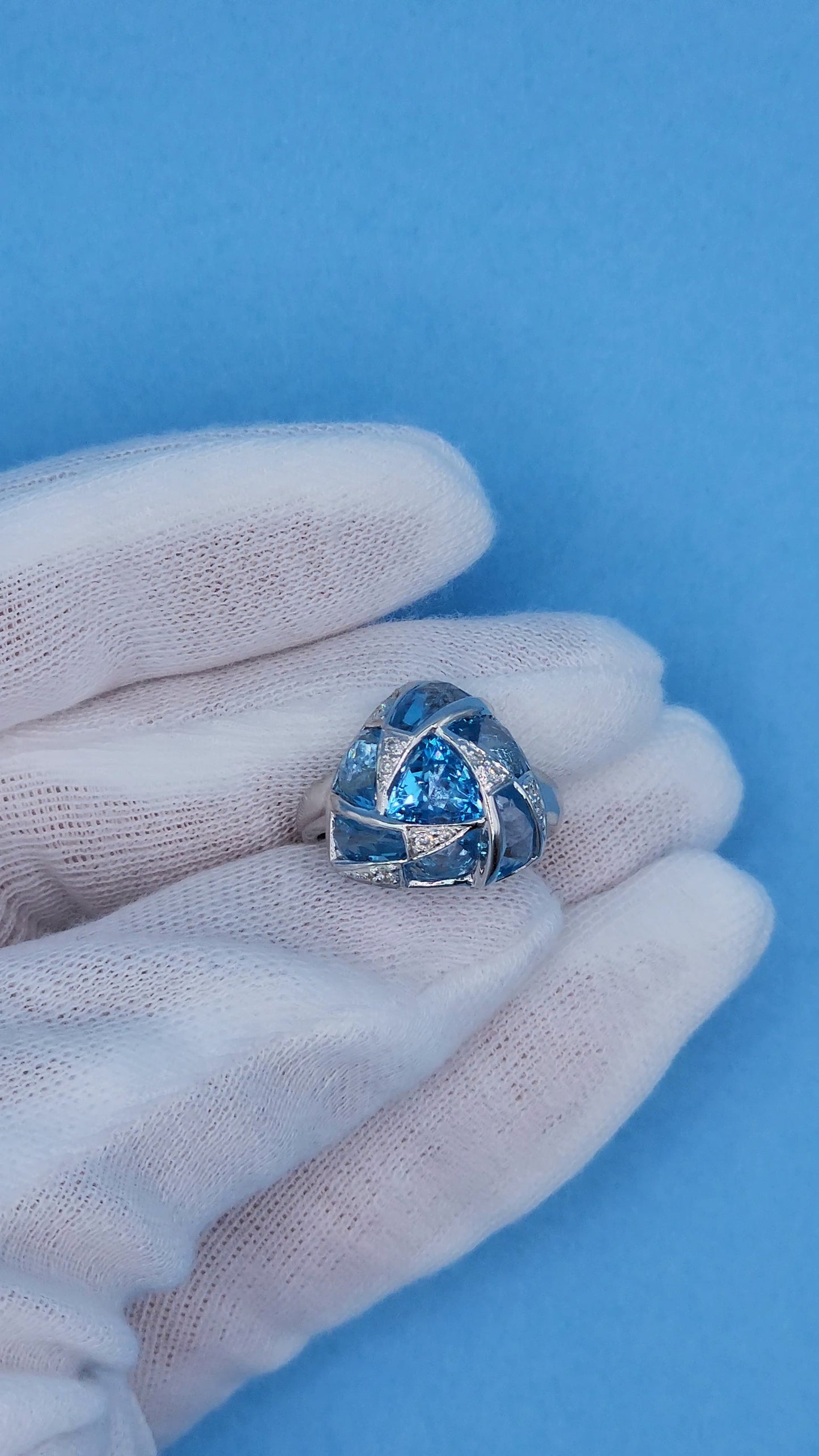 Trillion Design Swiss Blue Topaz and Diamond Ring in 14k White Gold