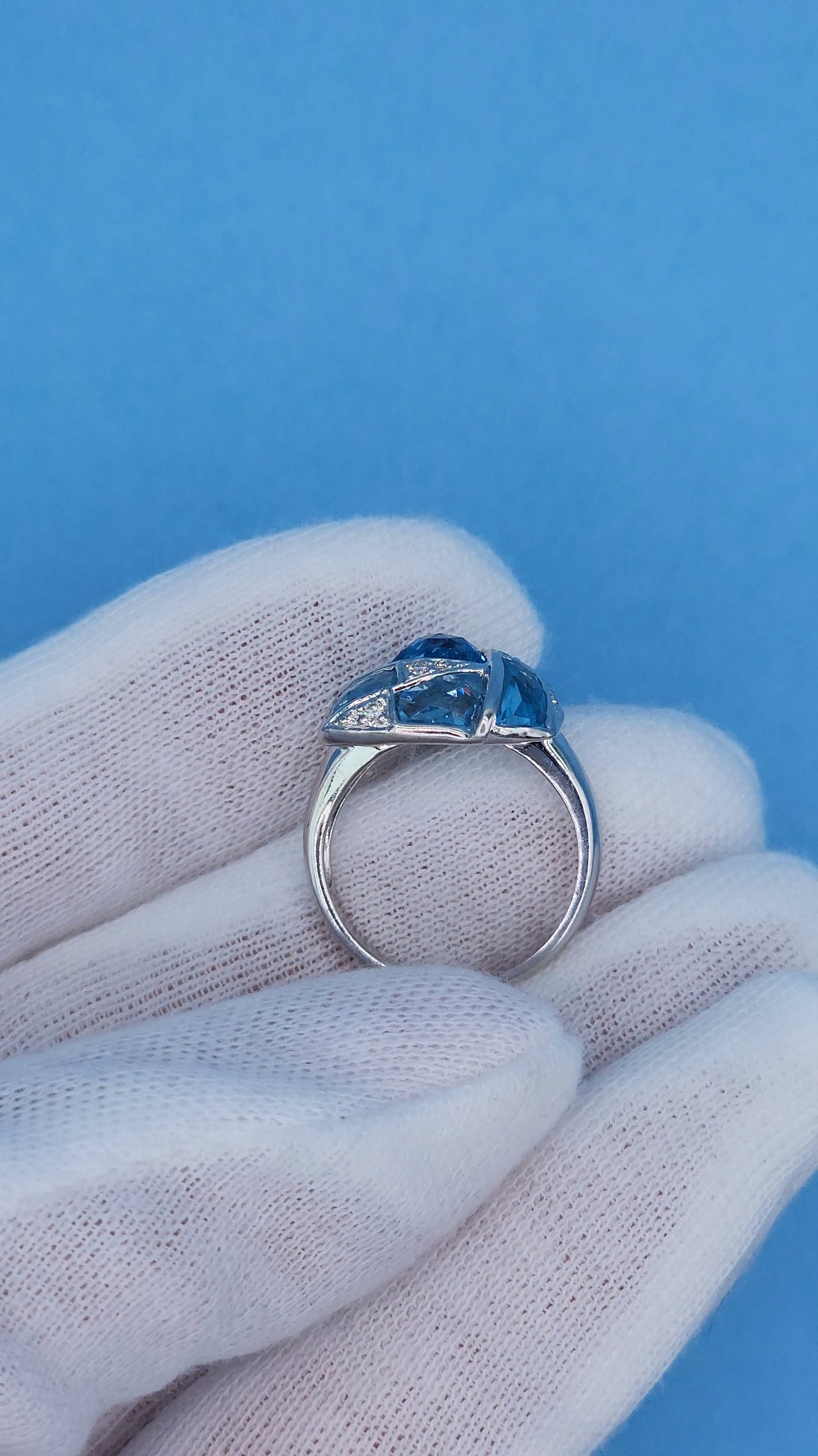 Trillion Design Swiss Blue Topaz and Diamond Ring in 14k White Gold