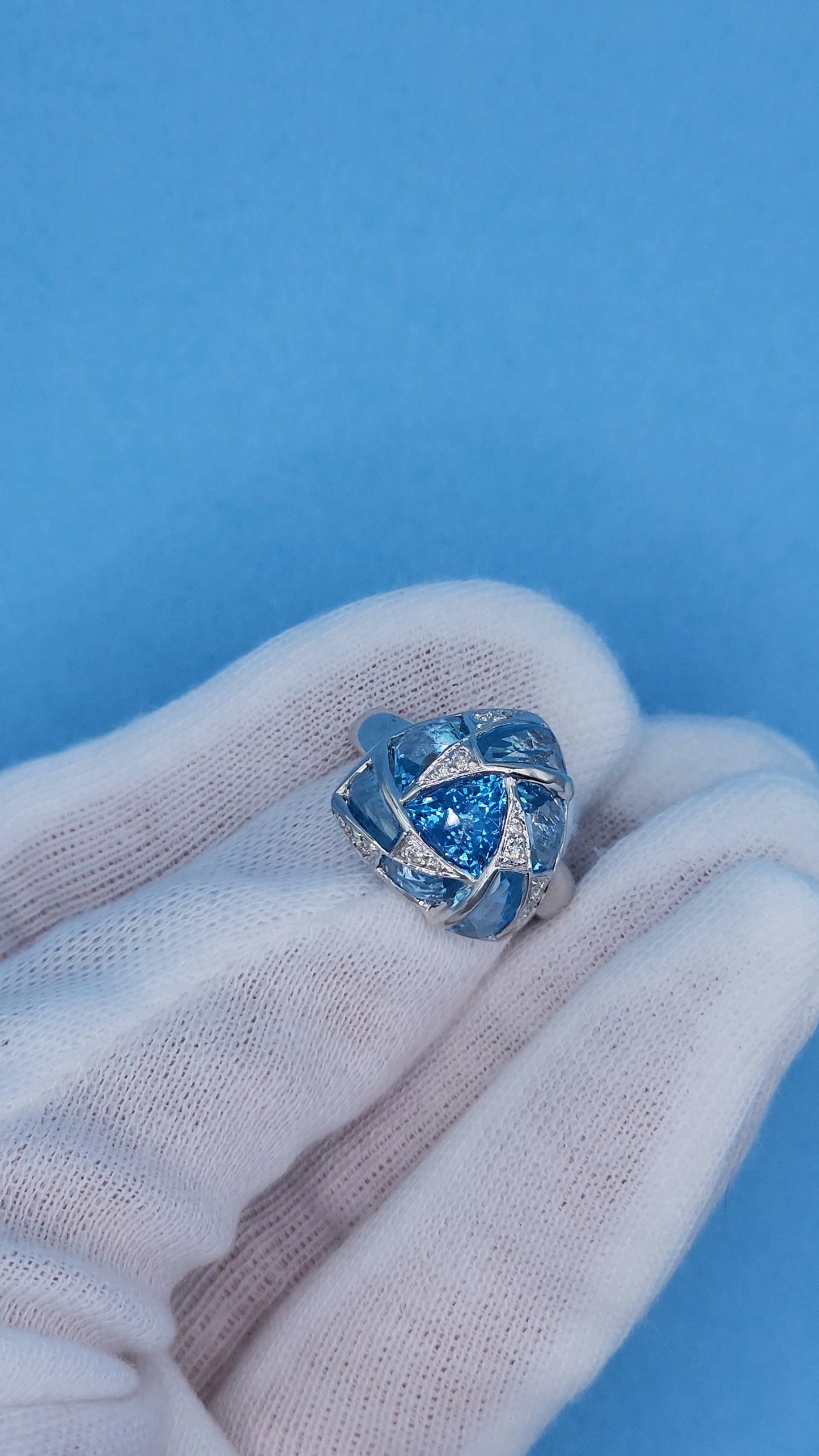 Trillion Design Swiss Blue Topaz and Diamond Ring in 14k White Gold