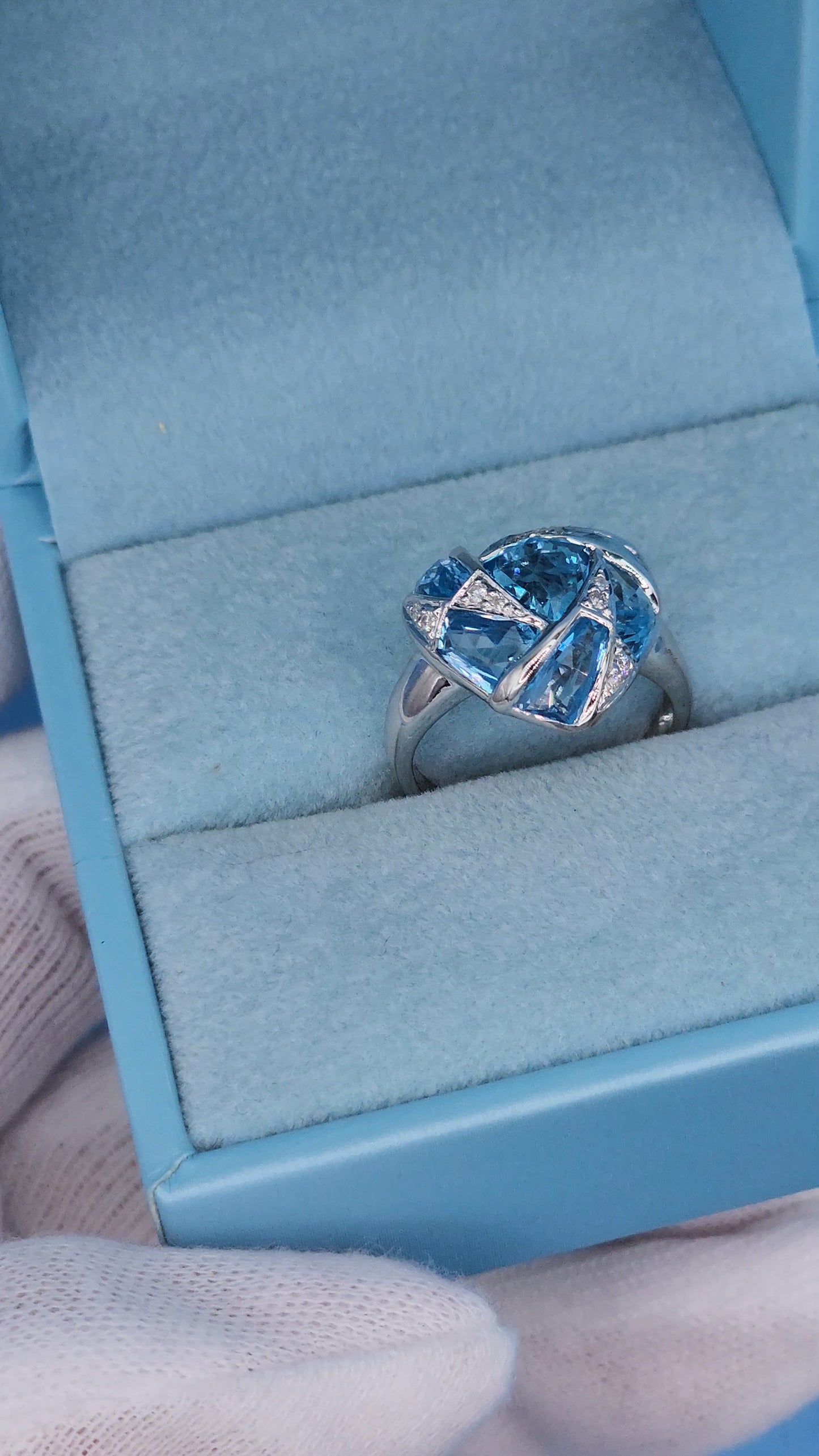 Trillion Design Swiss Blue Topaz and Diamond Ring in 14k White Gold