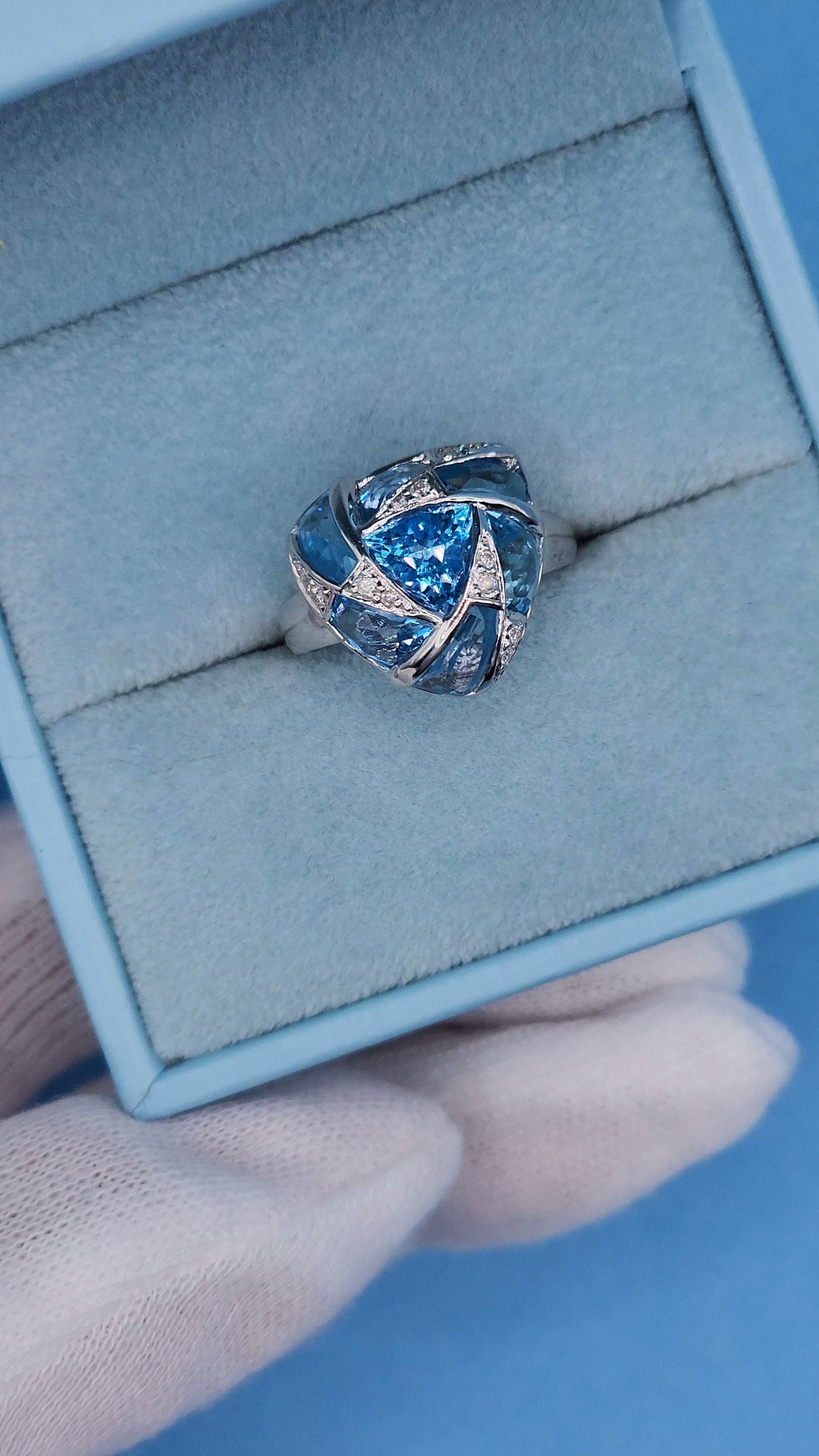 Trillion Design Swiss Blue Topaz and Diamond Ring in 14k White Gold
