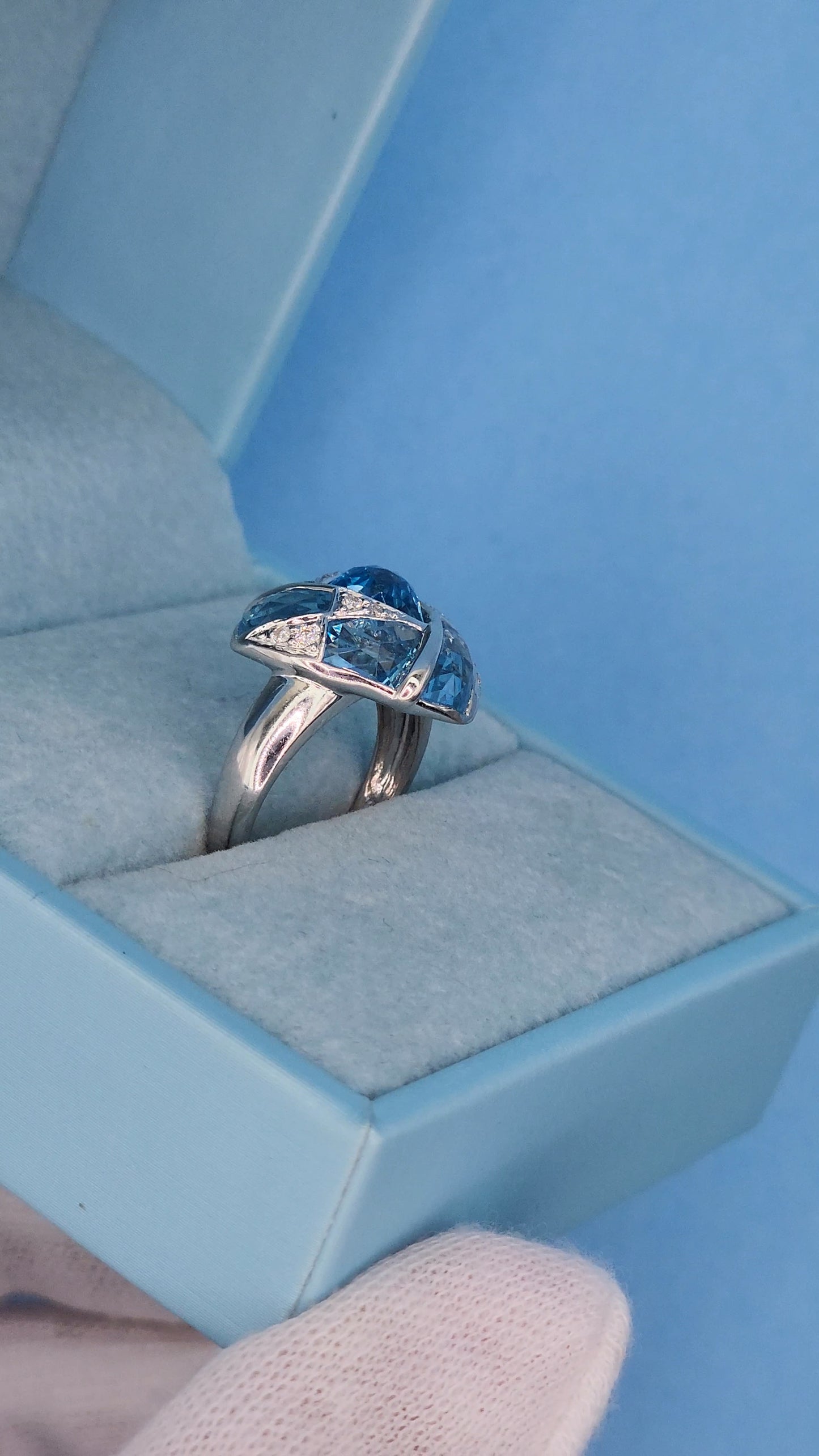 Trillion Design Swiss Blue Topaz and Diamond Ring in 14k White Gold