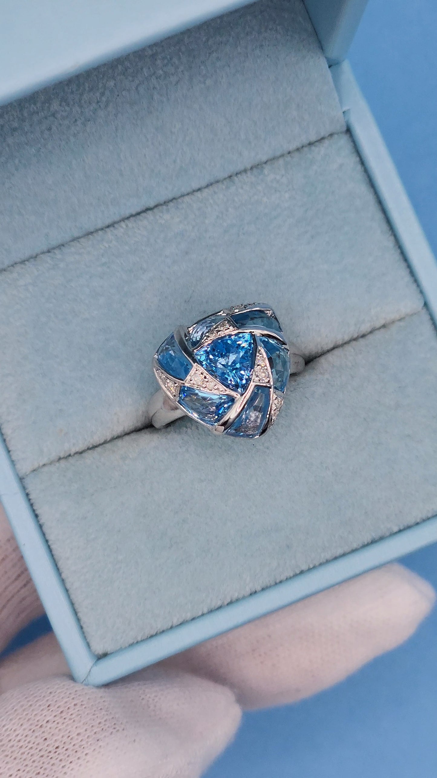 Trillion Design Swiss Blue Topaz and Diamond Ring in 14k White Gold