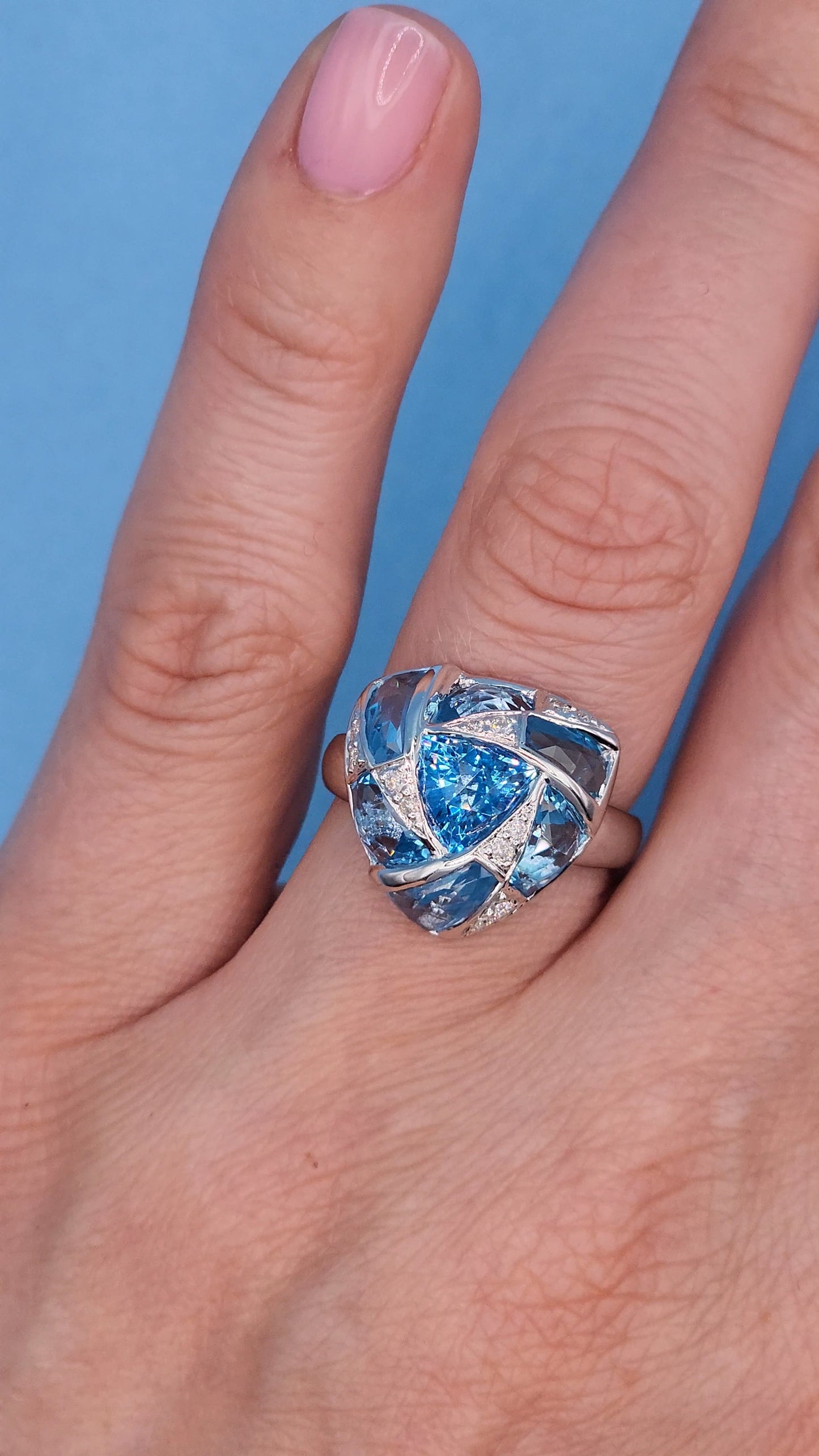 Trillion Design Swiss Blue Topaz and Diamond Ring in 14k White Gold