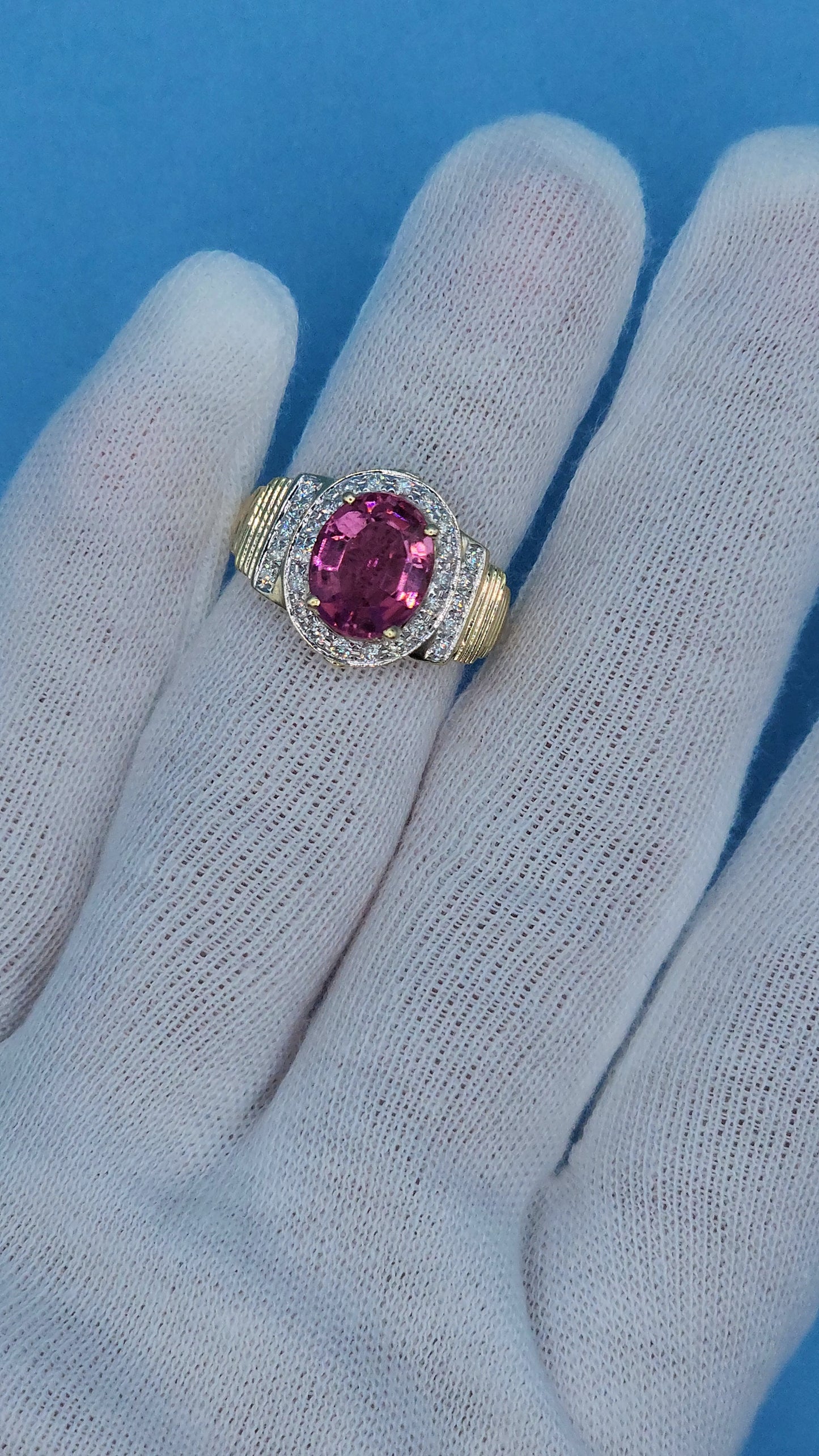 Natural 2.46 ct Oval Pink Tourmaline and Diamond Ring in 14k Yellow Gold