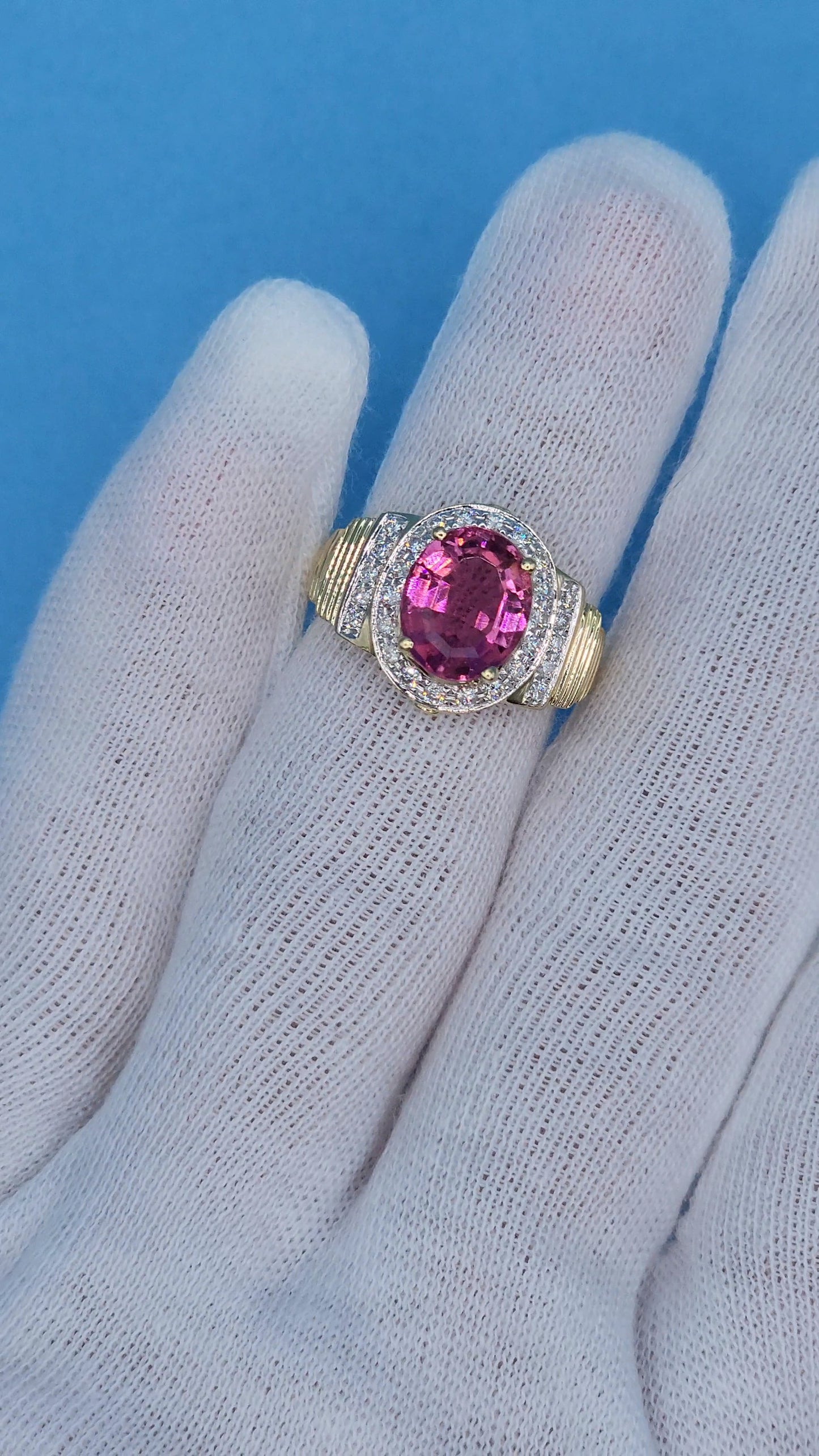 Natural 2.46 ct Oval Pink Tourmaline and Diamond Ring in 14k Yellow Gold