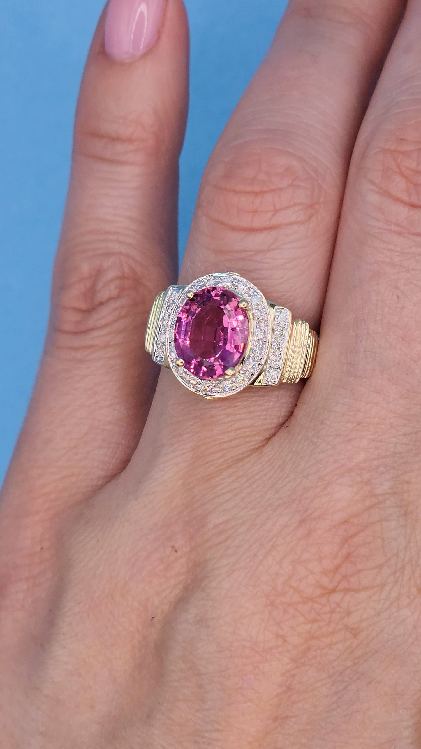 Natural 2.46 ct Oval Pink Tourmaline and Diamond Ring in 14k Yellow Gold