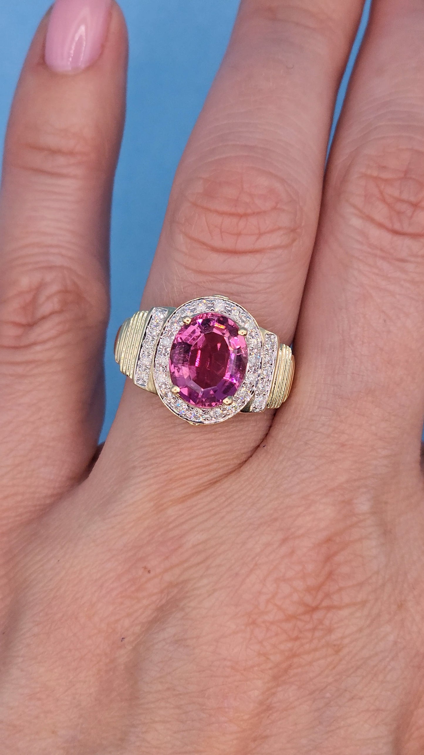 Natural 2.46 ct Oval Pink Tourmaline and Diamond Ring in 14k Yellow Gold