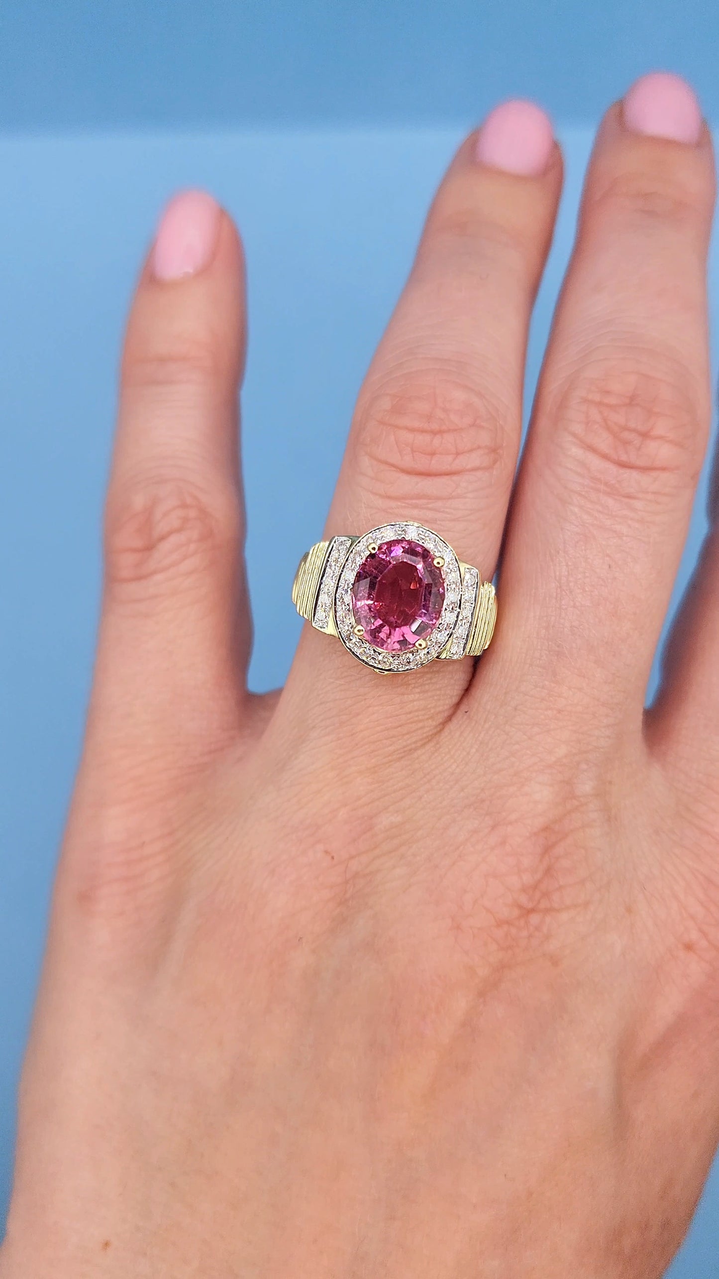 Natural 2.46 ct Oval Pink Tourmaline and Diamond Ring in 14k Yellow Gold