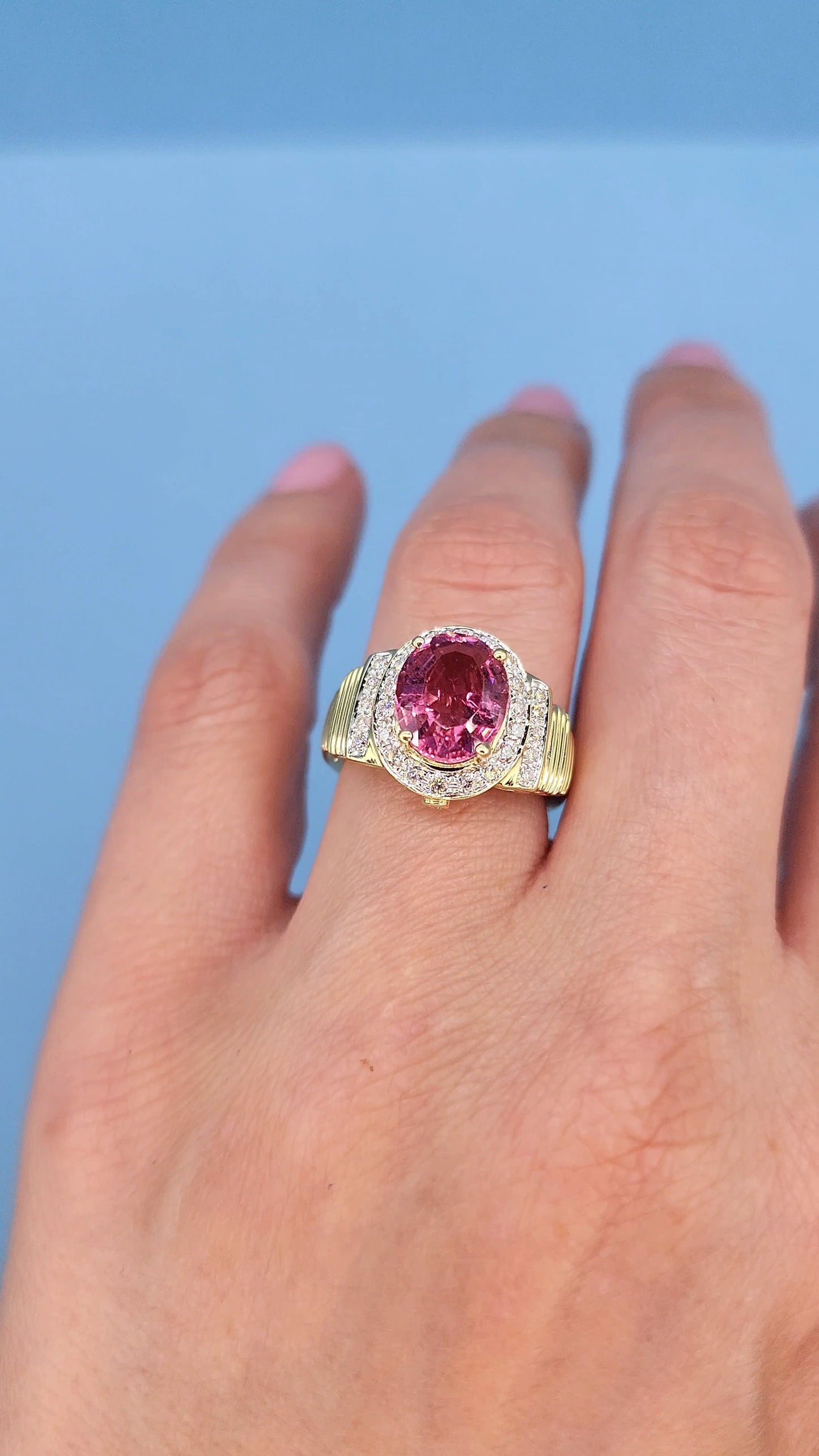 Natural 2.46 ct Oval Pink Tourmaline and Diamond Ring in 14k Yellow Gold