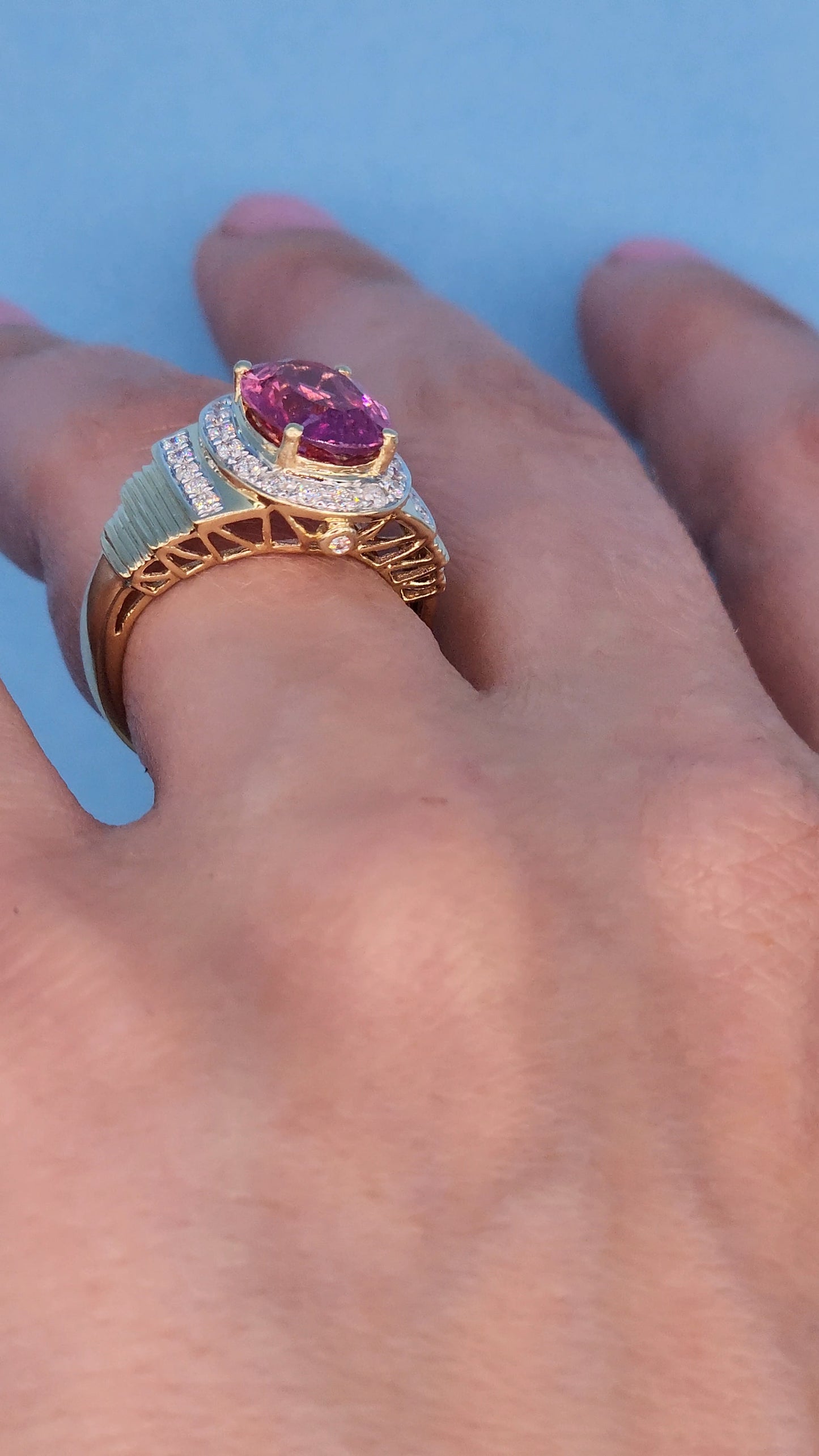 Natural 2.46 ct Oval Pink Tourmaline and Diamond Ring in 14k Yellow Gold