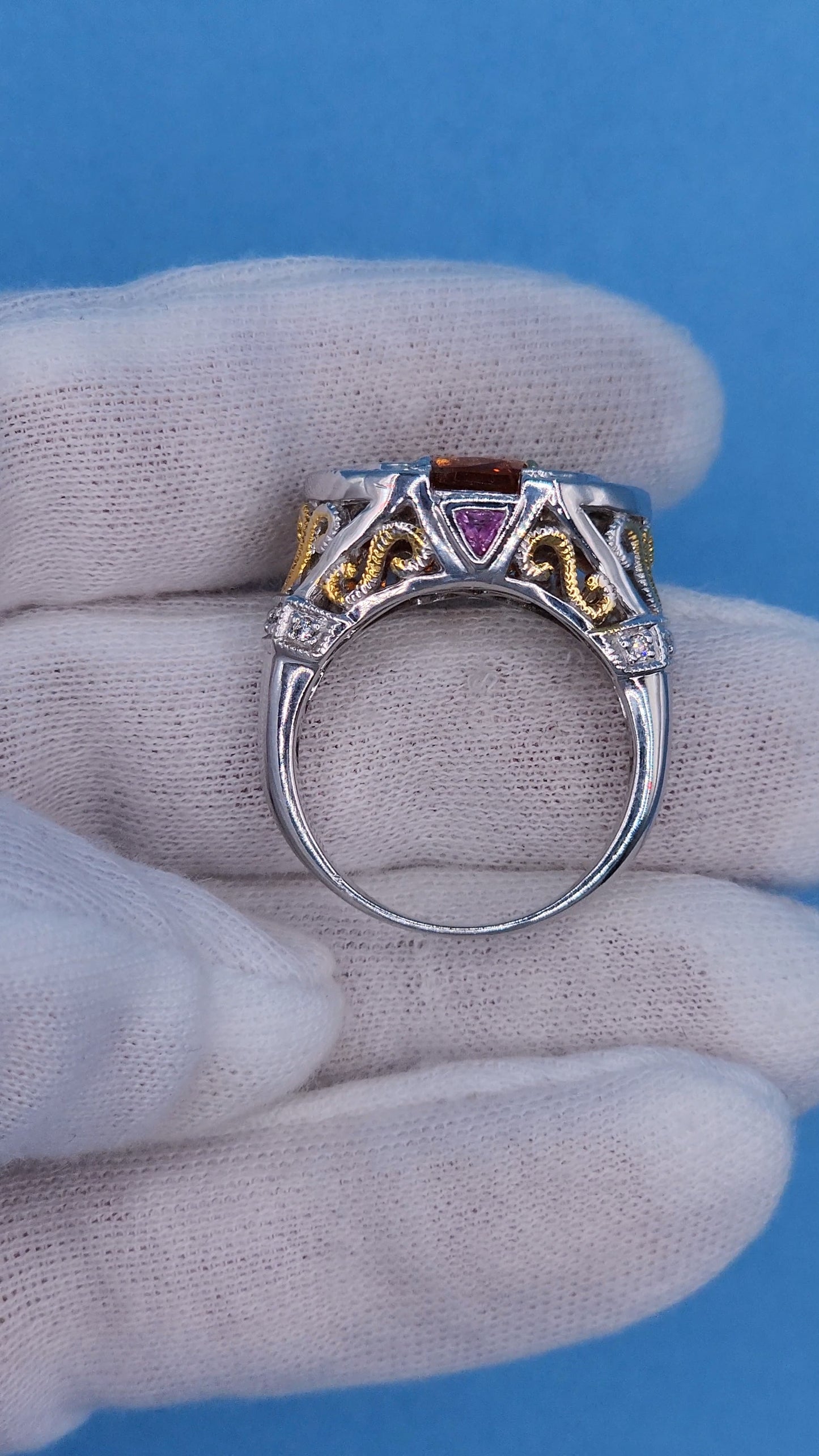 Spessartine Orange Garnet Diamond and Pink Topaz Ring in 14k Yellow and White Gold