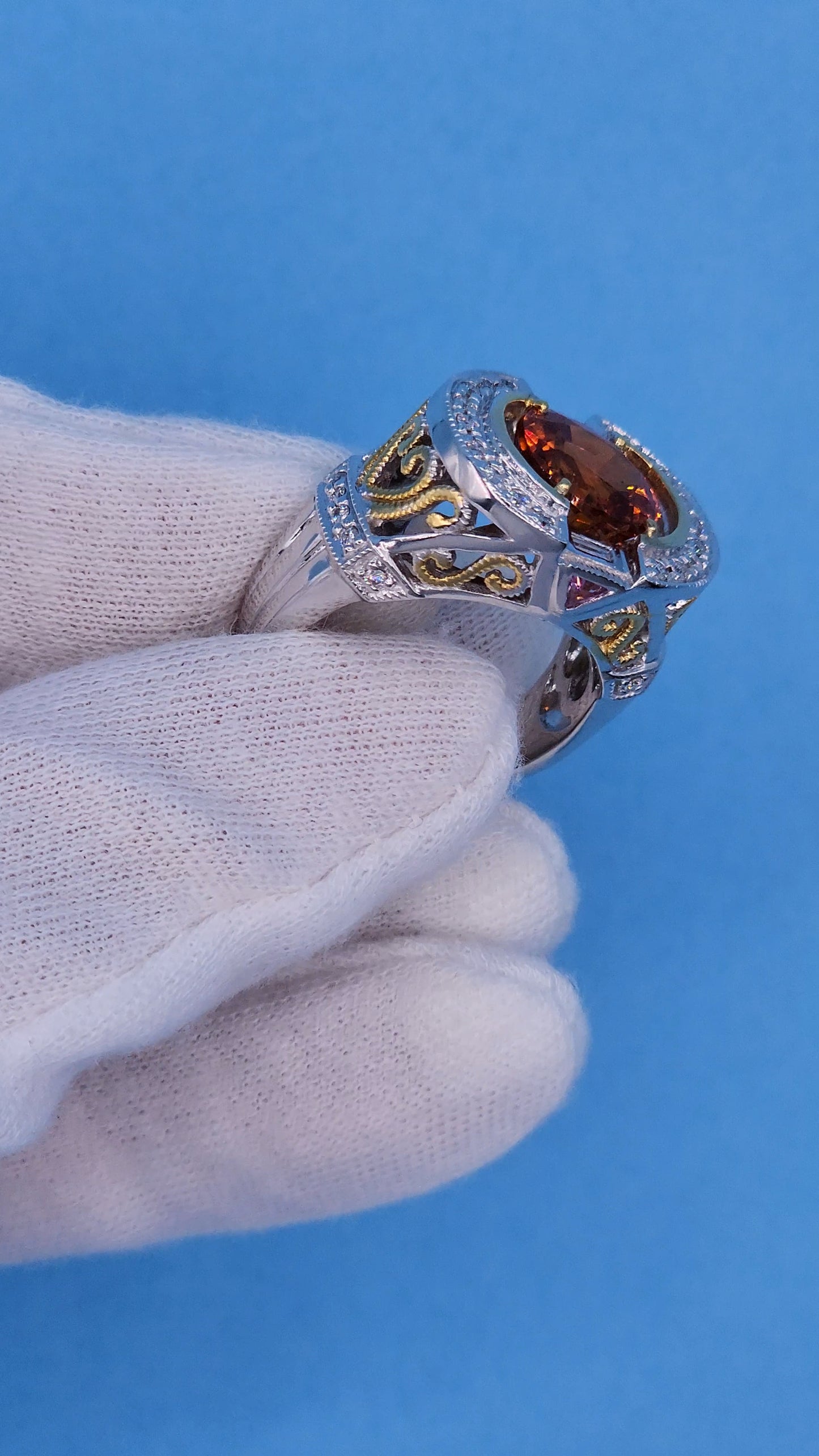 Spessartine Orange Garnet Diamond and Pink Topaz Ring in 14k Yellow and White Gold